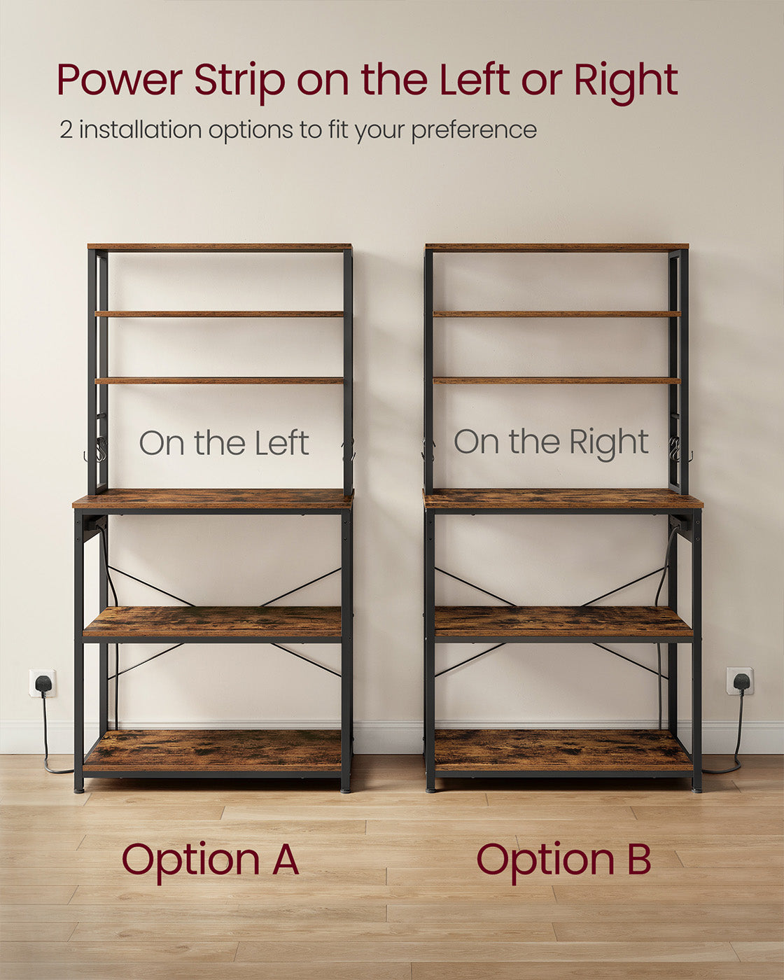 Baker's Rack - Wood - Rustic Brown - Multi-Tier with Power Outlet and Hooks