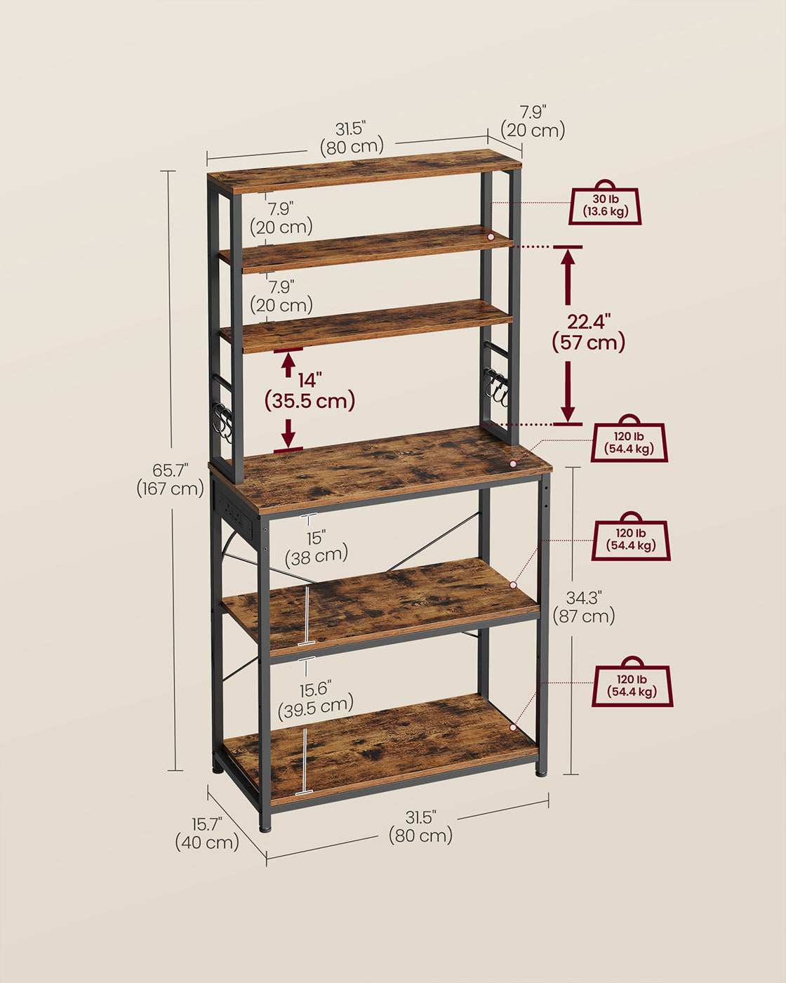 Baker's Rack - Wood - Rustic Brown - Multi-Tier with Power Outlet and Hooks