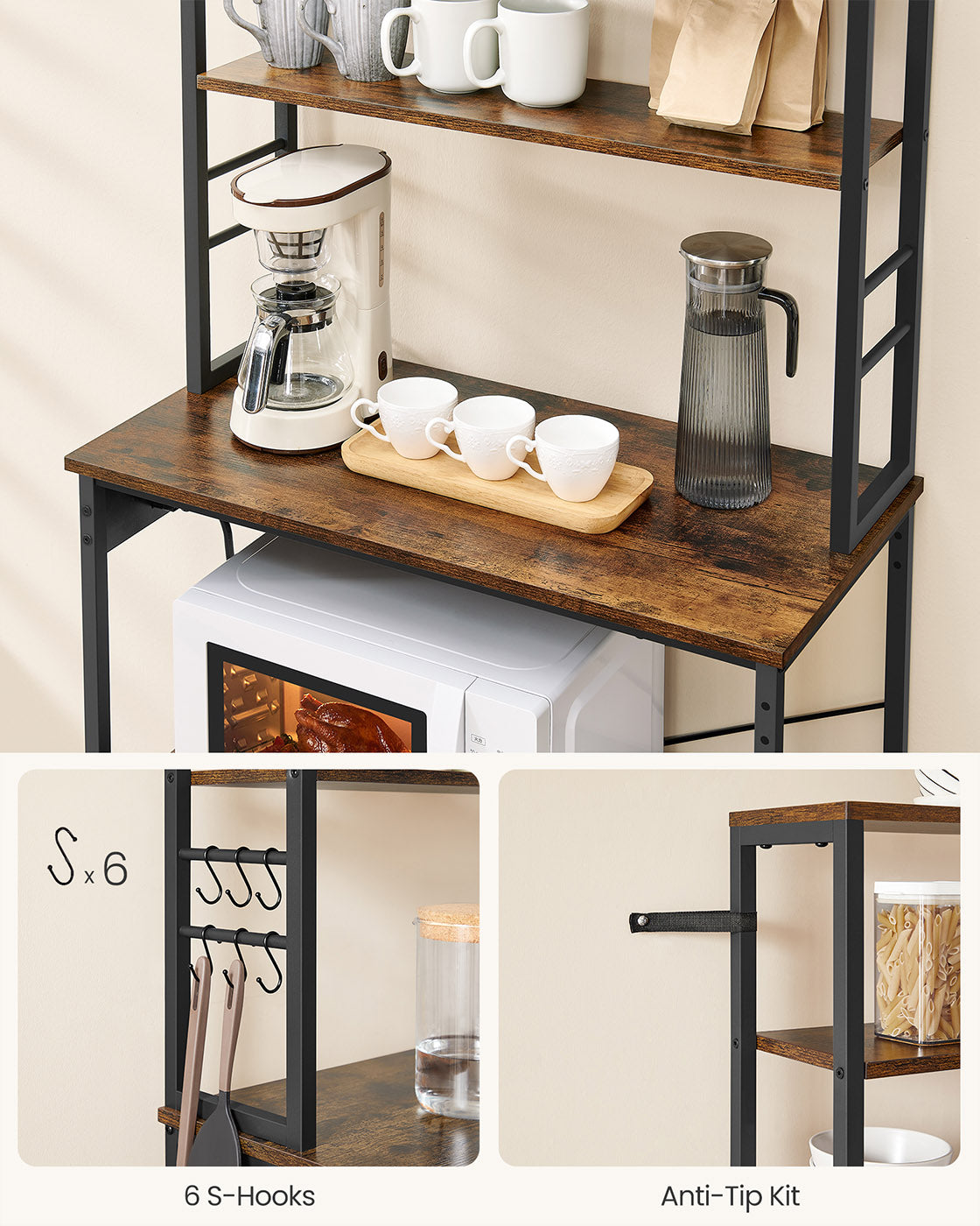 Baker's Rack - Wood - Rustic Brown - Multi-Tier with Power Outlet and Hooks