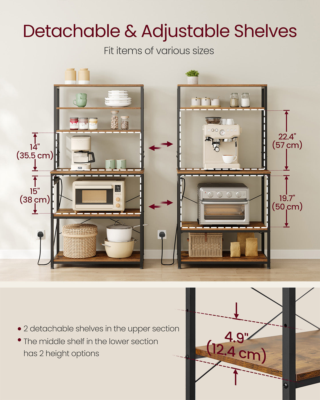 Baker's Rack - Wood - Rustic Brown - Multi-Tier with Power Outlet and Hooks