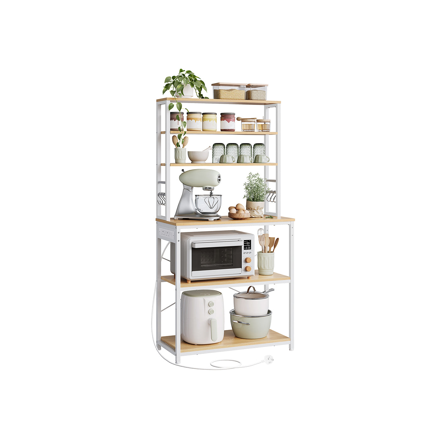 Baker's Rack - Wood - Rustic Brown - Multi-Tier with Power Outlet and Hooks