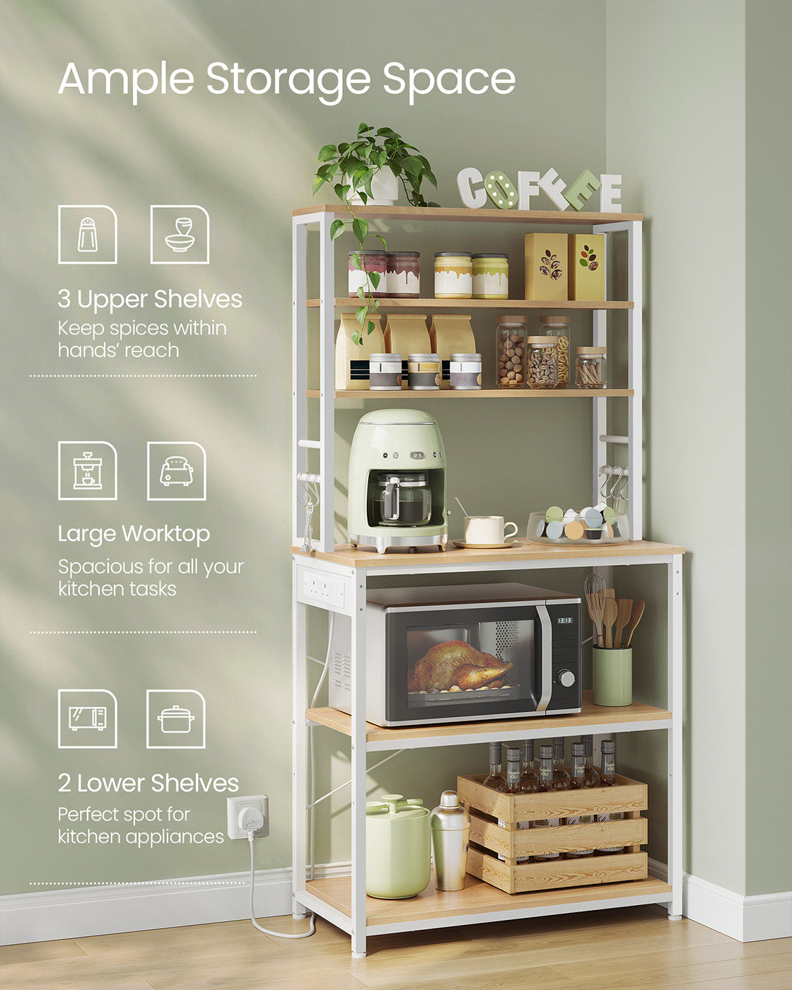 Baker's Rack - Wood - Rustic Brown - Multi-Tier with Power Outlet and Hooks