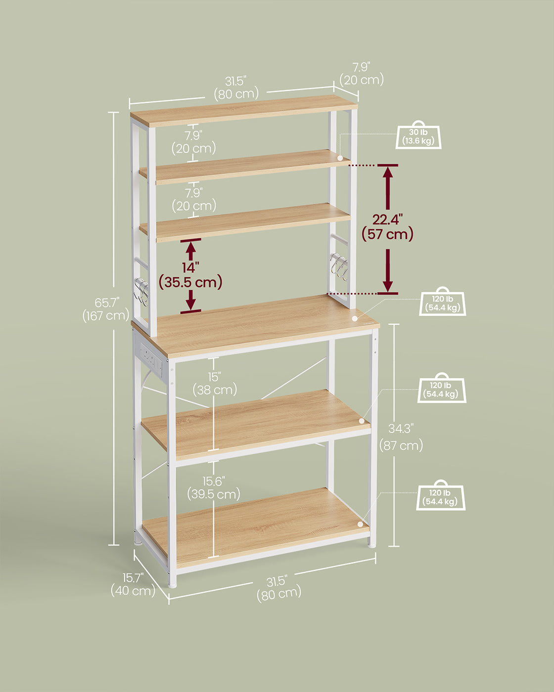 Baker's Rack - Wood - Rustic Brown - Multi-Tier with Power Outlet and Hooks