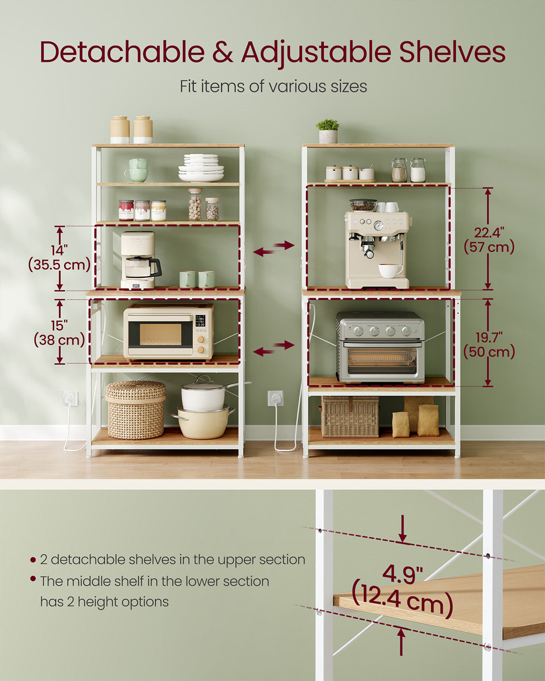 Baker's Rack - Wood - Rustic Brown - Multi-Tier with Power Outlet and Hooks
