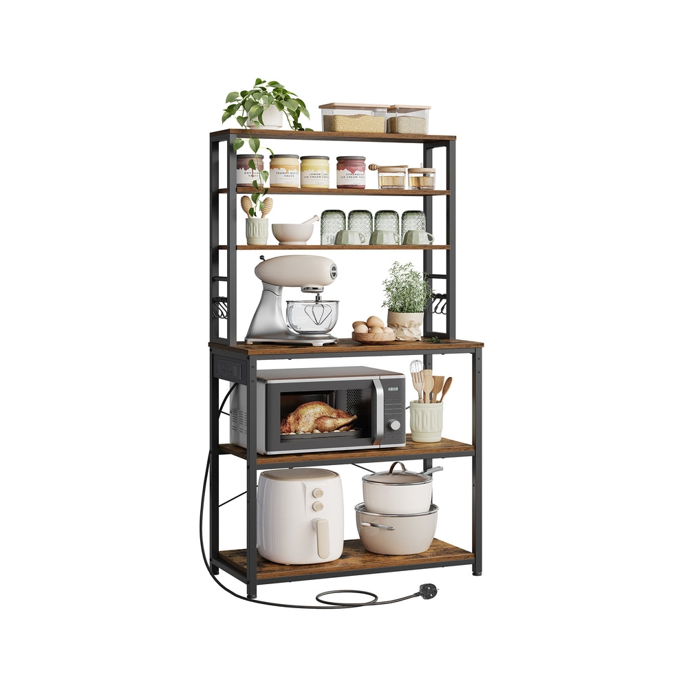 Baker's Rack - Wood - Rustic Brown - Kitchen Storage with Power Outlet and Hooks
