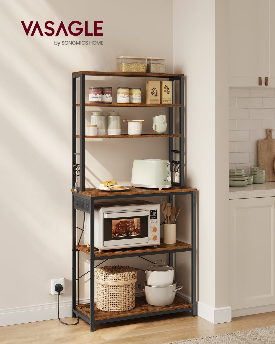 Baker's Rack - Wood - Rustic Brown - Kitchen Storage with Power Outlet and Hooks
