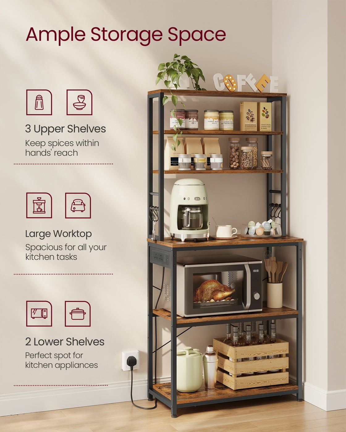 Baker's Rack - Wood - Rustic Brown - Kitchen Storage with Power Outlet and Hooks