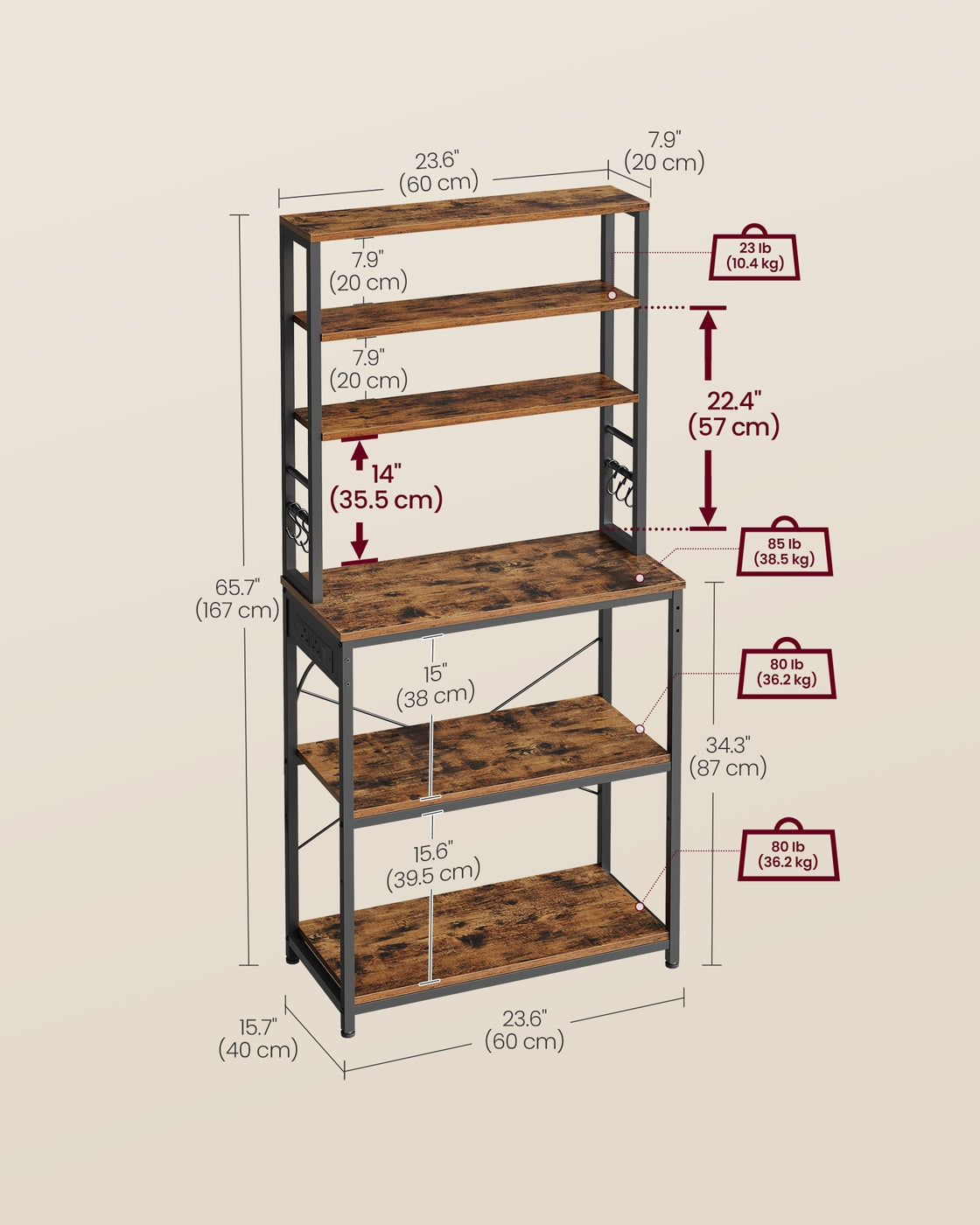 Baker's Rack - Wood - Rustic Brown - Kitchen Storage with Power Outlet and Hooks