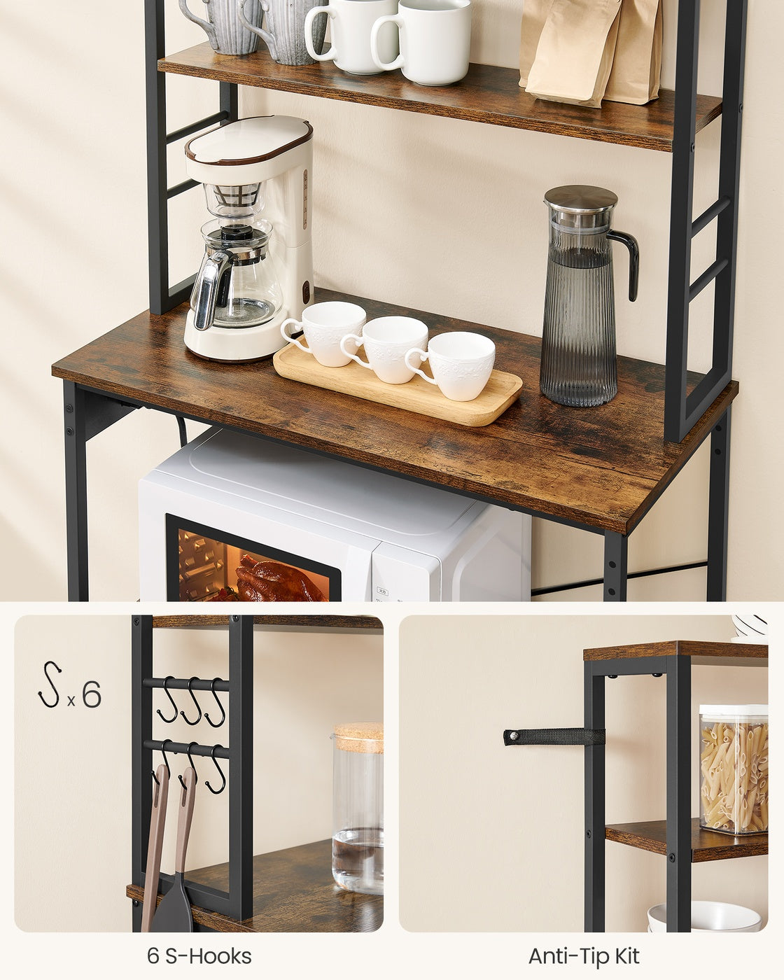 Baker's Rack - Wood - Rustic Brown - Kitchen Storage with Power Outlet and Hooks