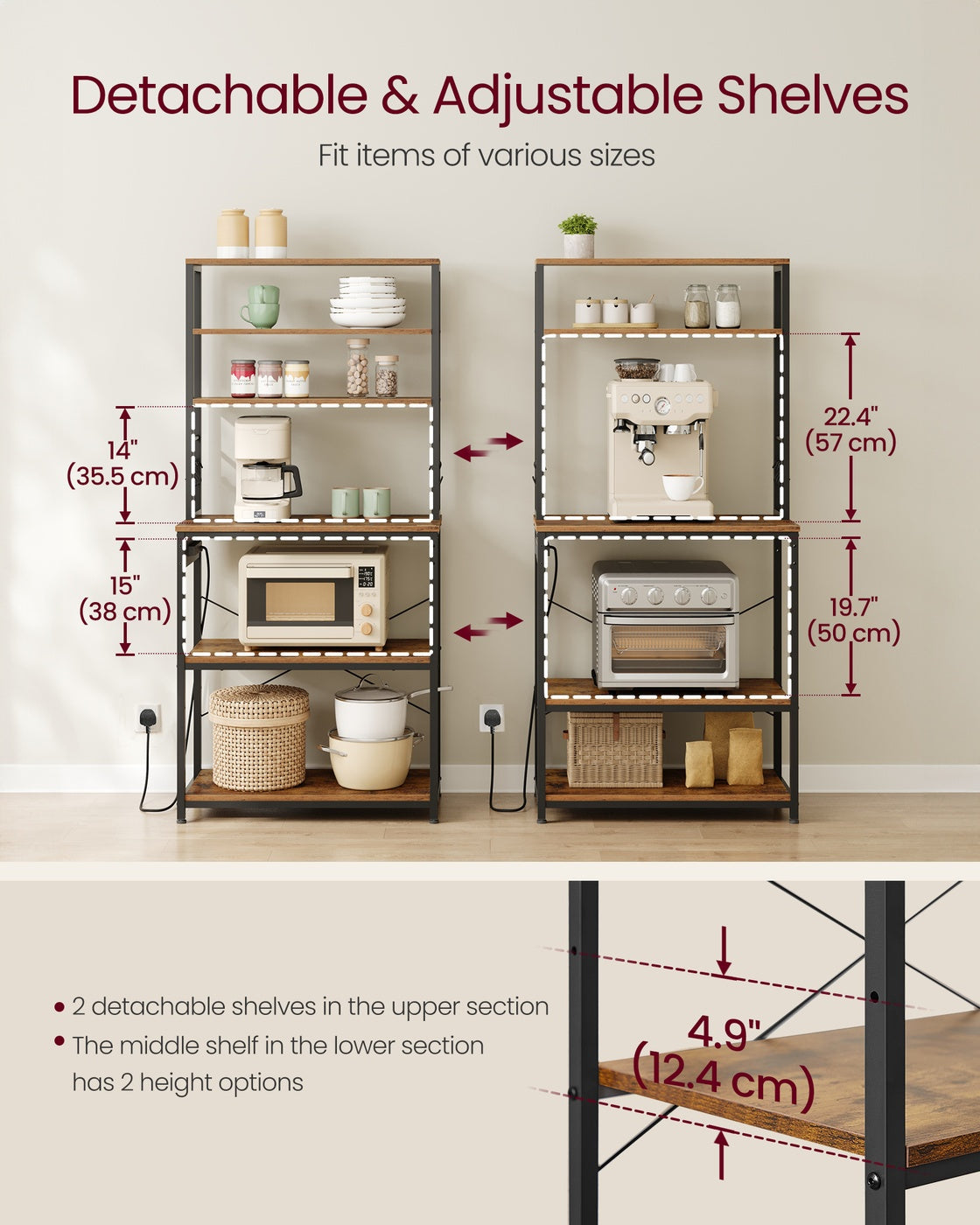 Baker's Rack - Wood - Rustic Brown - Kitchen Storage with Power Outlet and Hooks