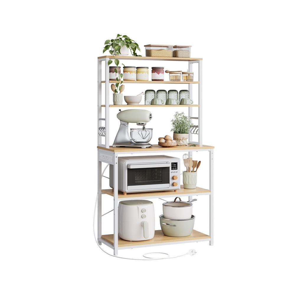 Baker's Rack - Wood - Rustic Brown - Kitchen Storage with Power Outlet and Hooks