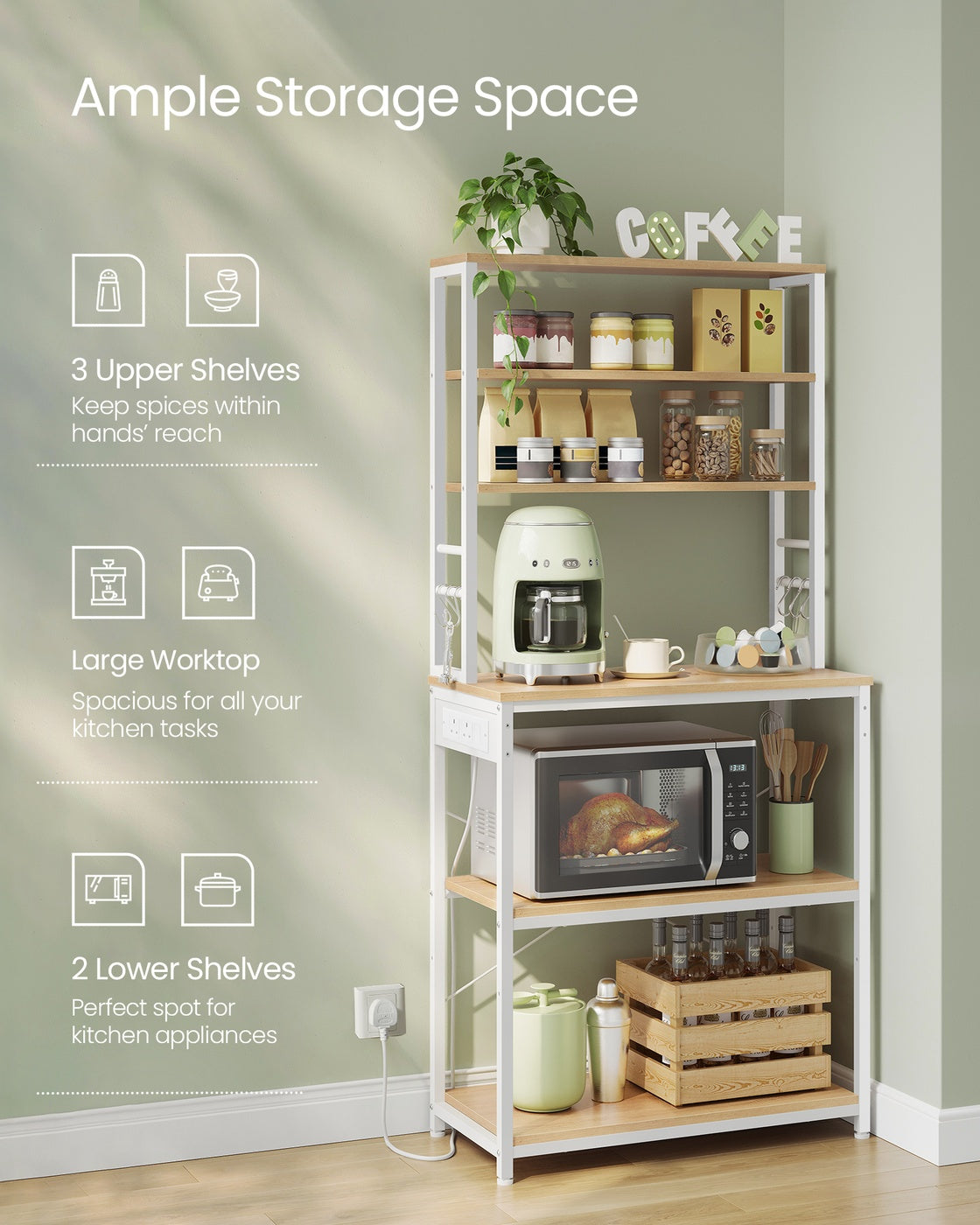 Baker's Rack - Wood - Rustic Brown - Kitchen Storage with Power Outlet and Hooks