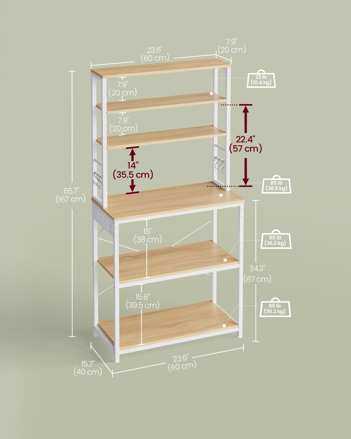 Baker's Rack - Wood - Rustic Brown - Kitchen Storage with Power Outlet and Hooks