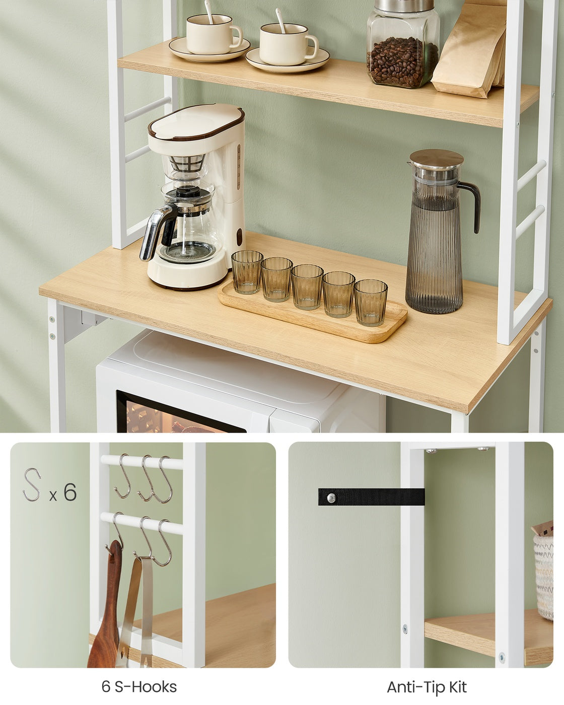 Baker's Rack - Wood - Rustic Brown - Kitchen Storage with Power Outlet and Hooks