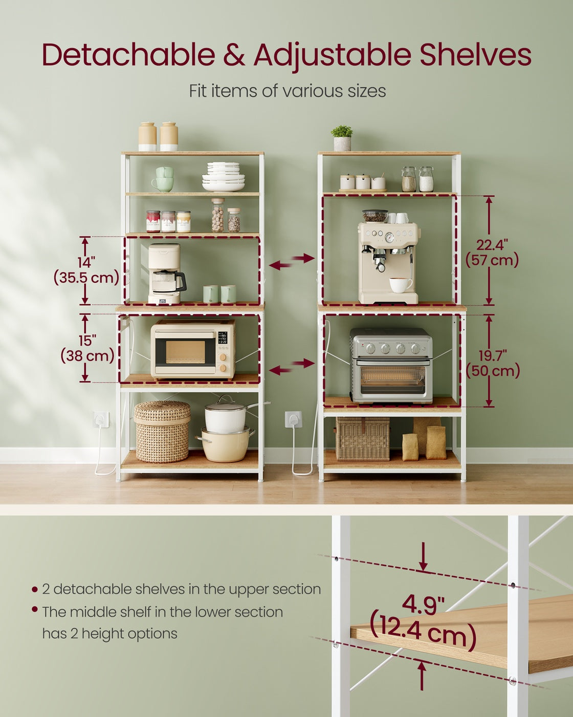Baker's Rack - Wood - Rustic Brown - Kitchen Storage with Power Outlet and Hooks