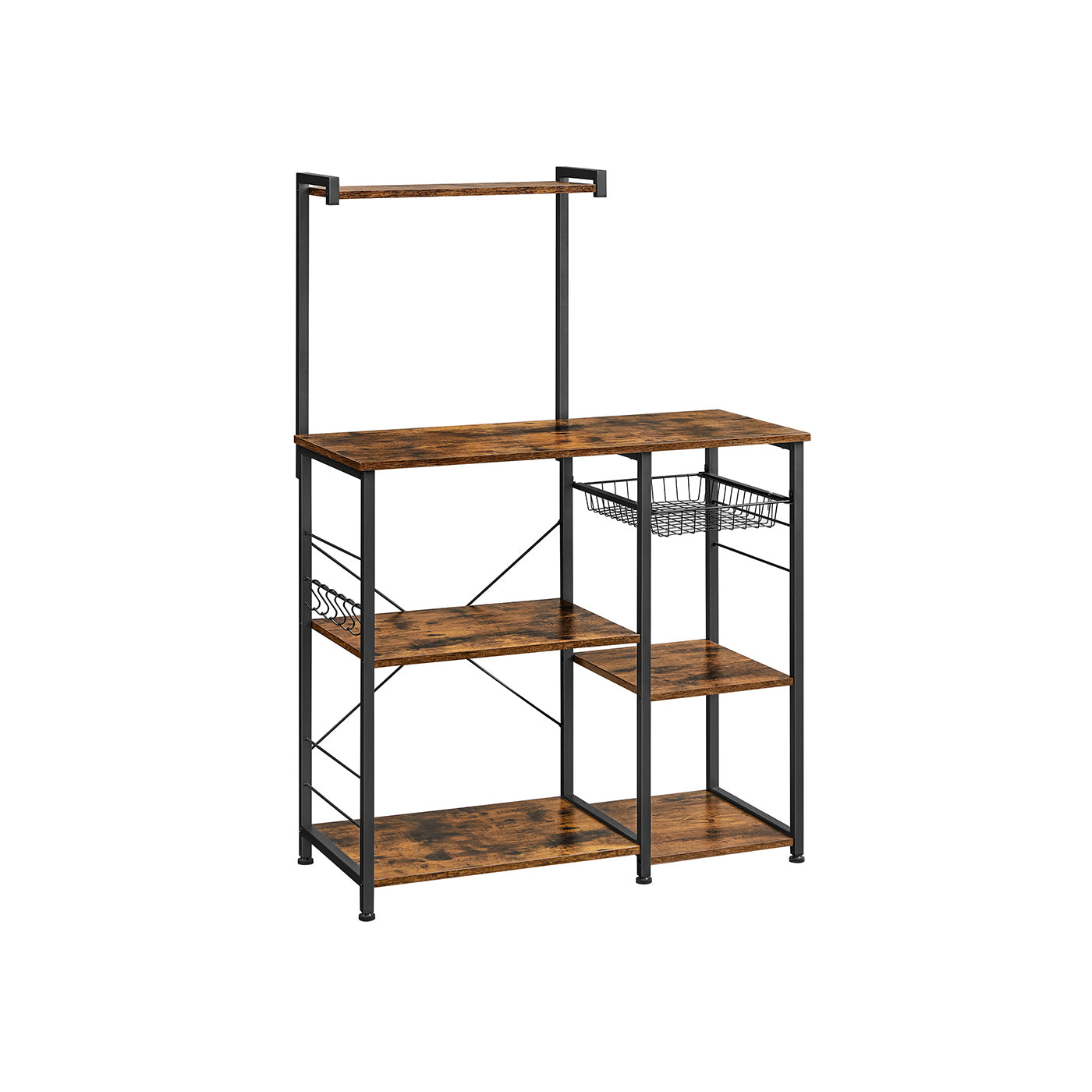 Baker's Rack - Wood - Rustic Brown - Kitchen Utility Storage with Wire Basket and S-Hooks