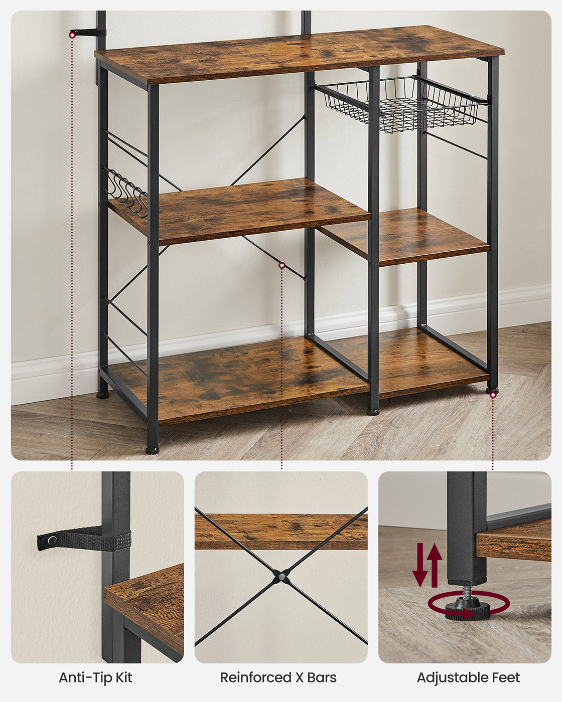 Baker's Rack - Wood - Rustic Brown - Kitchen Utility Storage with Wire Basket and S-Hooks