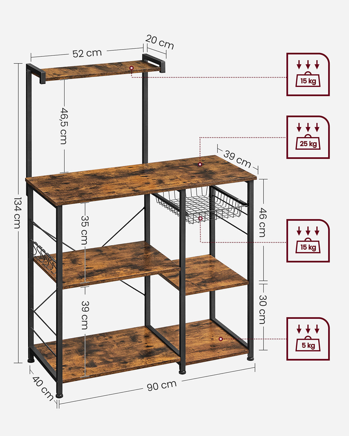 Baker's Rack - Wood - Rustic Brown - Kitchen Utility Storage with Wire Basket and S-Hooks