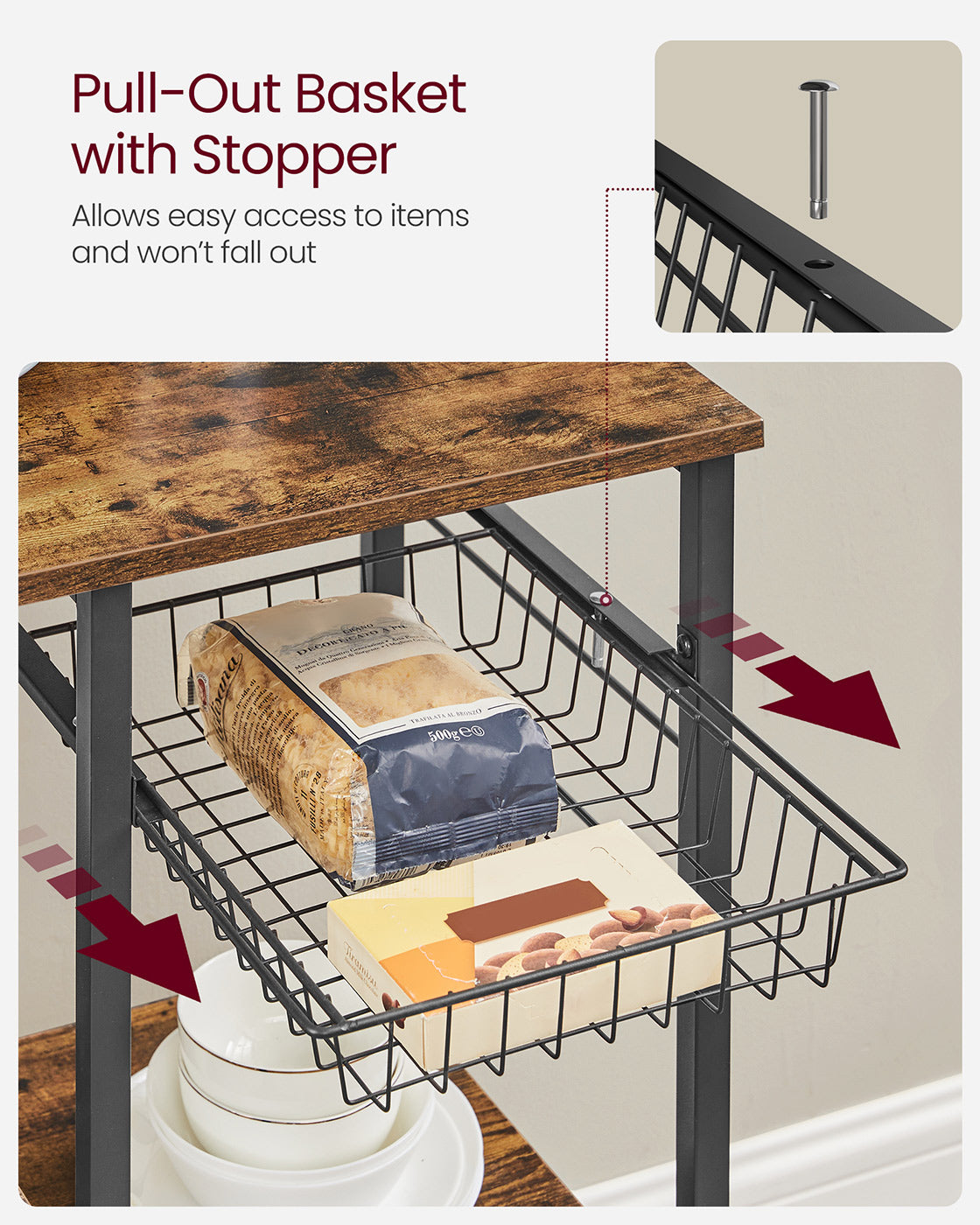 Baker's Rack - Wood - Rustic Brown - Kitchen Utility Storage with Wire Basket and S-Hooks