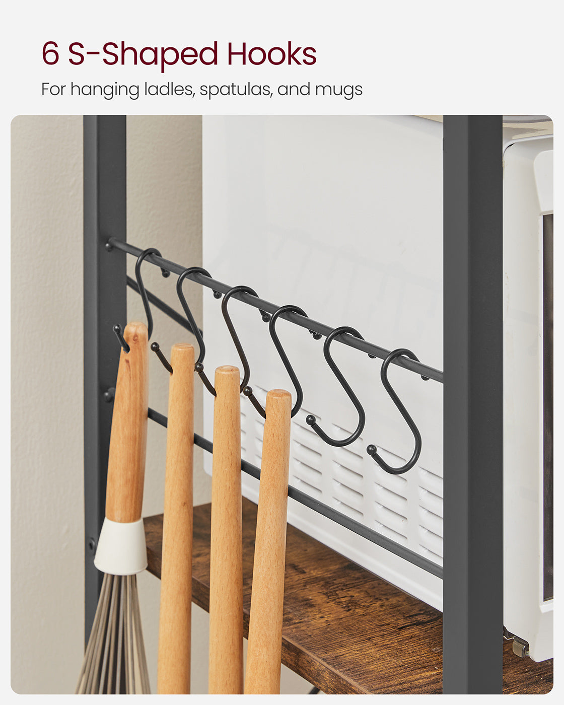 Baker's Rack - Wood - Rustic Brown - Kitchen Utility Storage with Wire Basket and S-Hooks