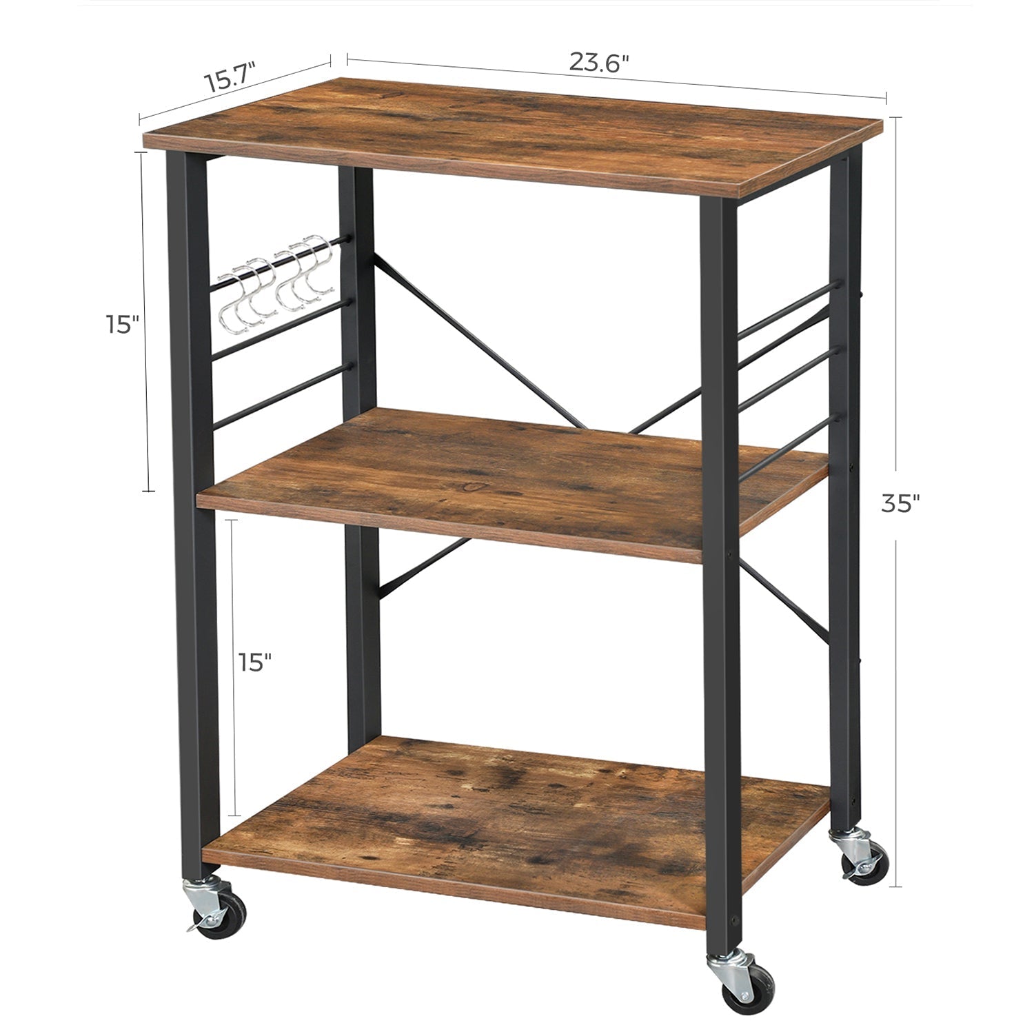 Serving Trolley - 3 Shelves with Hooks - Metal