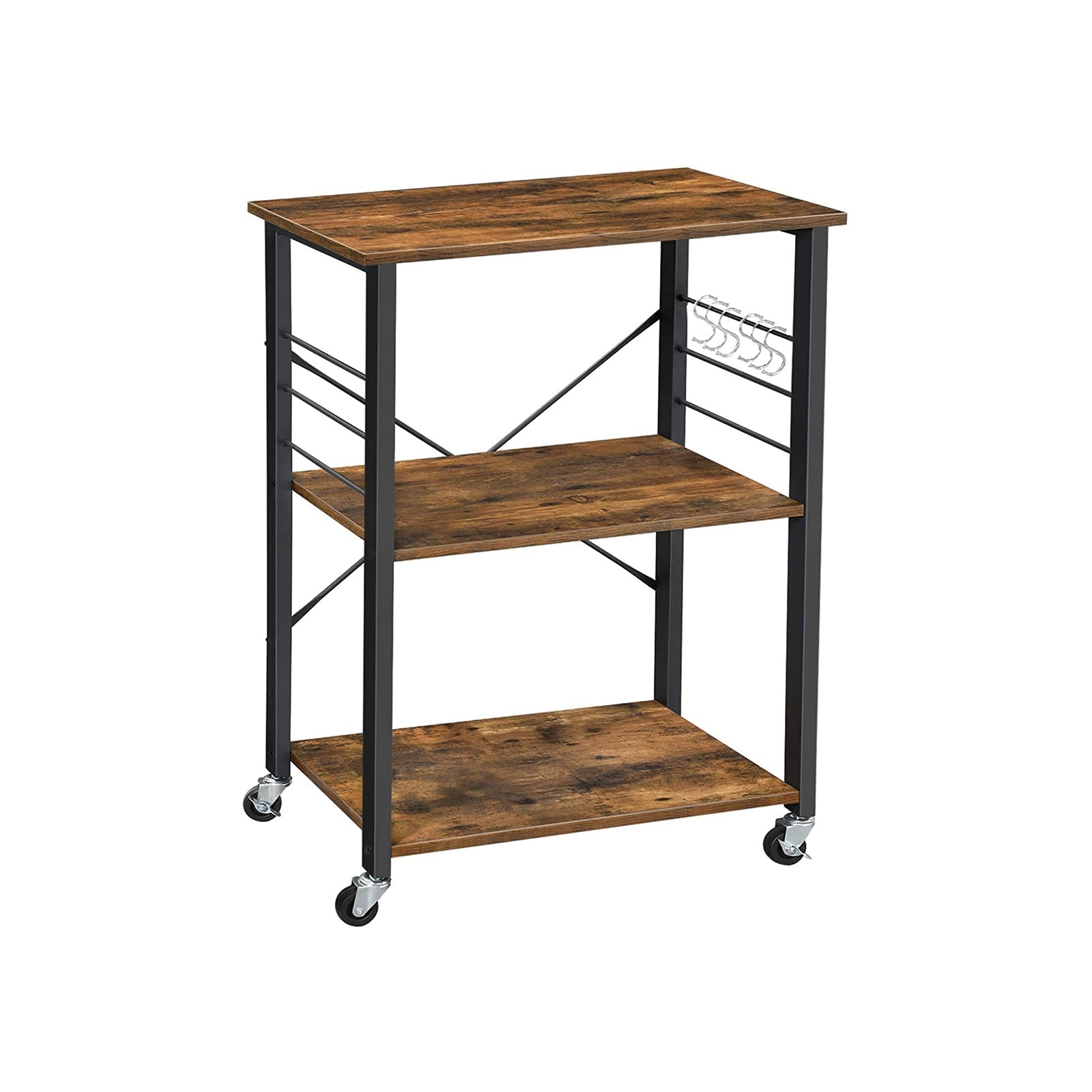 Baker's Rack - Metal - Rustic Brown - Mobile Serving Trolley with 3 Shelves and Hooks