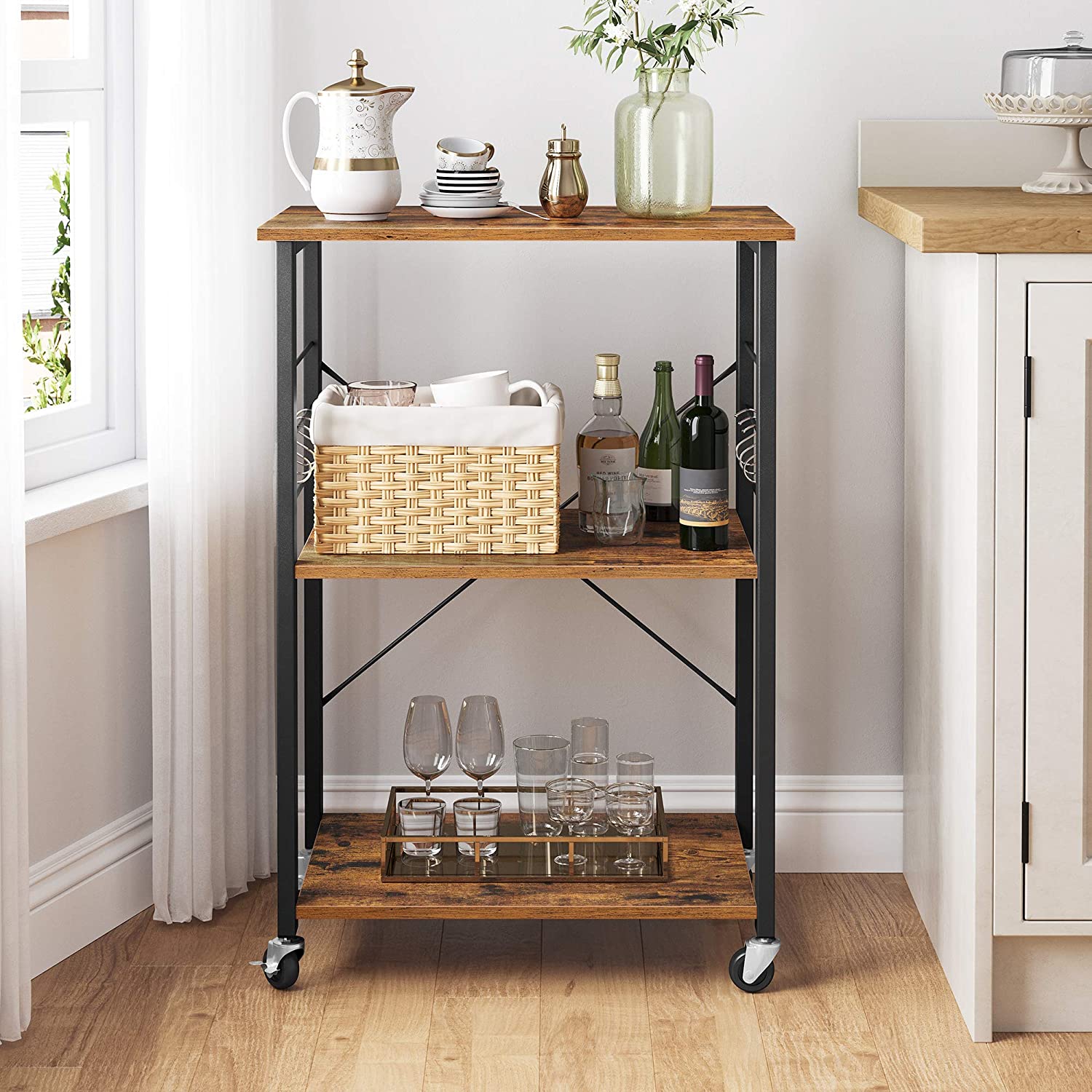 Baker's Rack - Metal - Rustic Brown - Mobile Serving Trolley with 3 Shelves and Hooks
