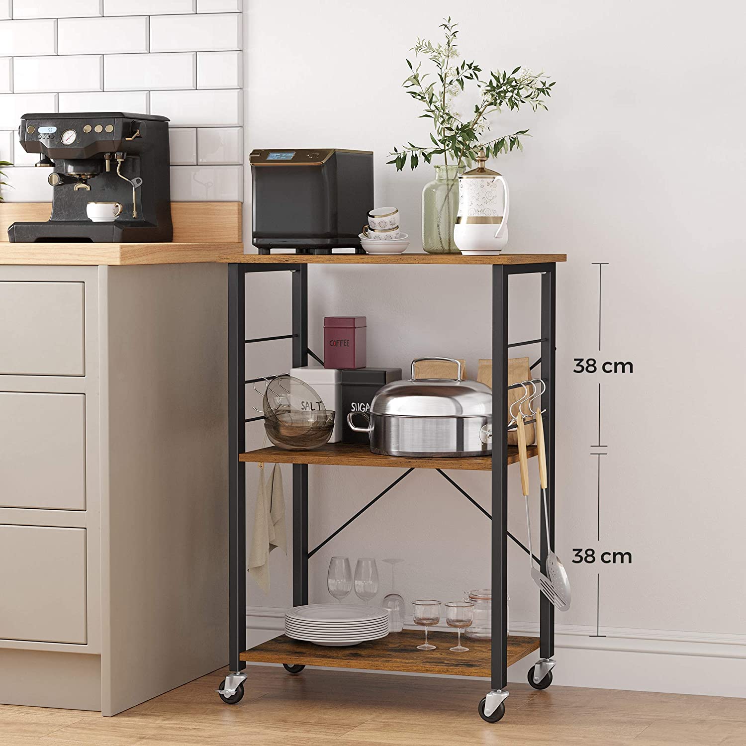Baker's Rack - Metal - Rustic Brown - Mobile Serving Trolley with 3 Shelves and Hooks