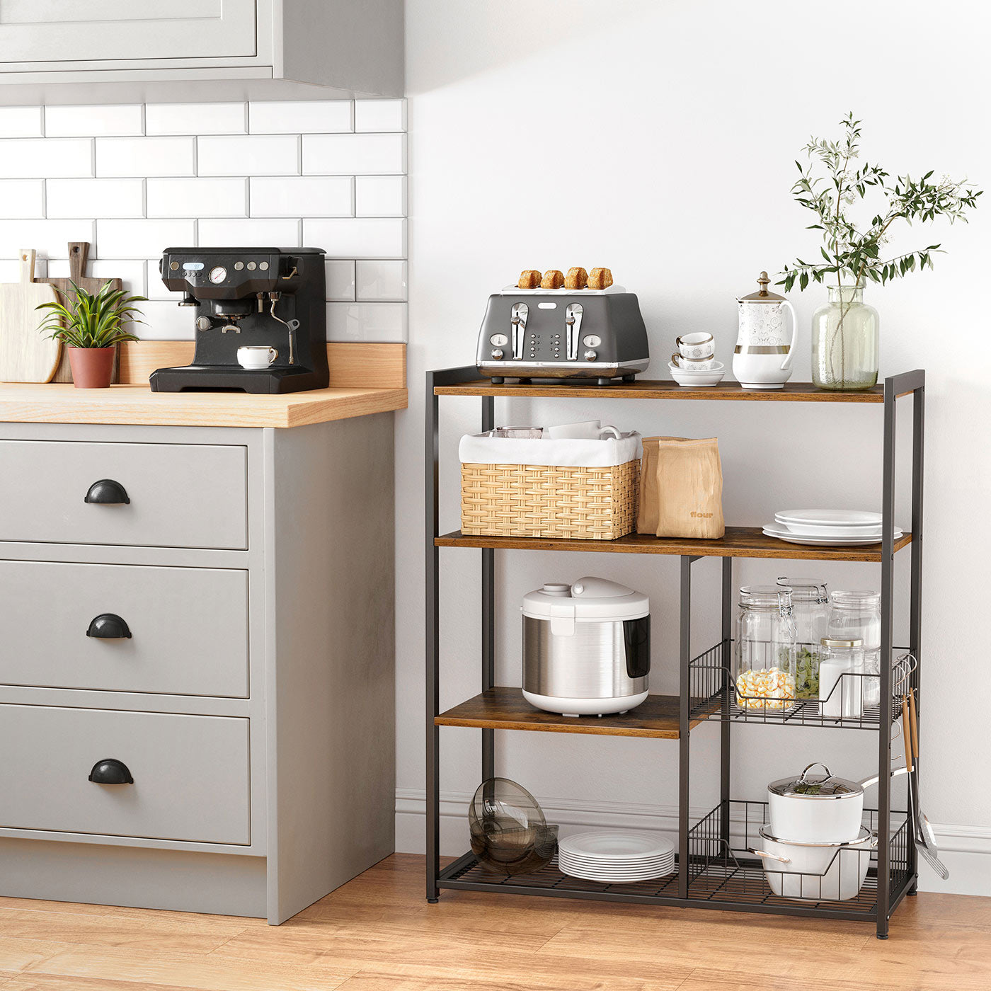 Baker's Rack - Metal - Rustic Brown - Includes 2 Mesh Baskets