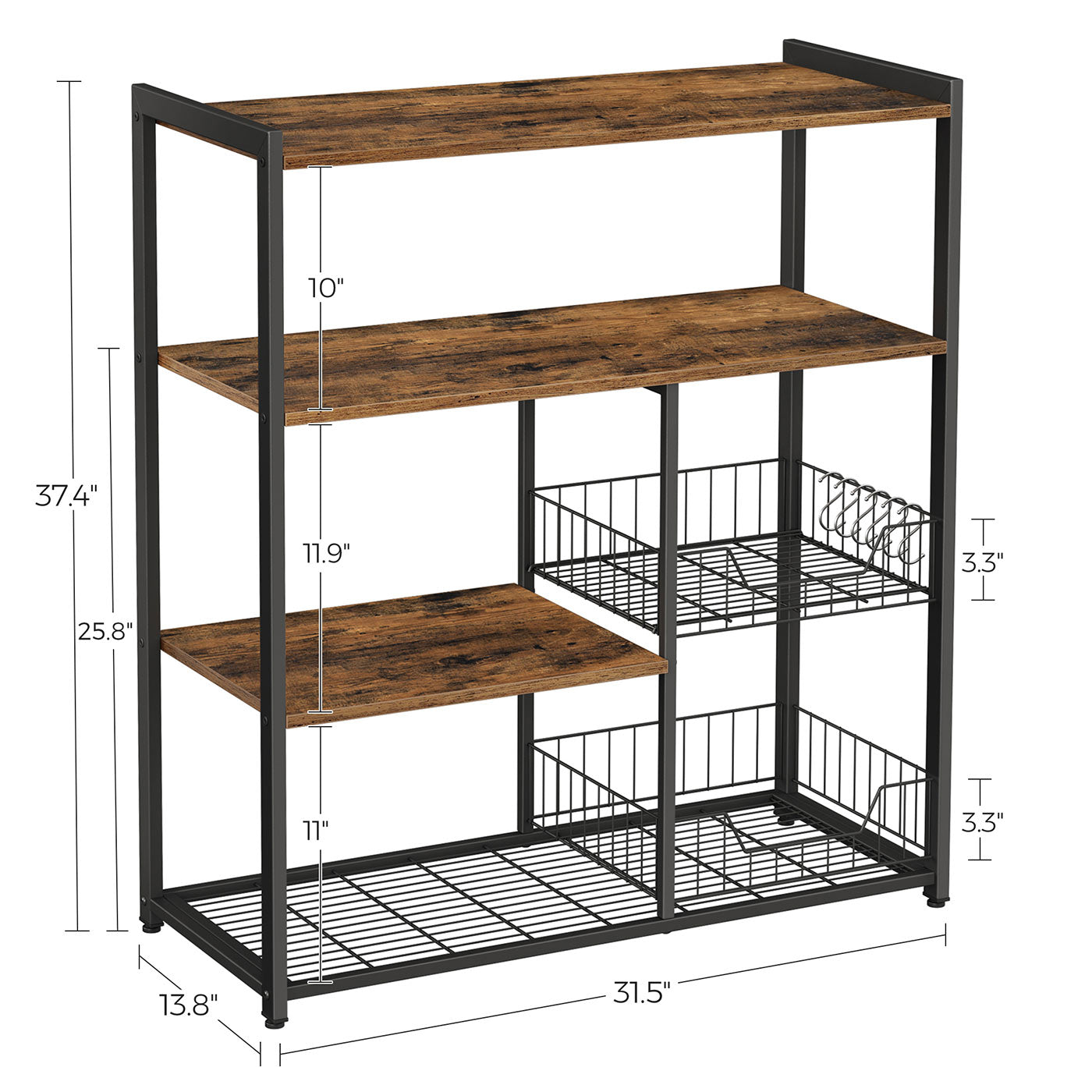 Baker's Rack - Metal - Rustic Brown - Includes 2 Mesh Baskets