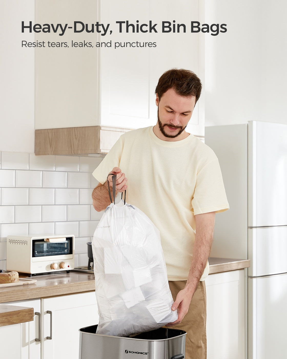 Drawstring Rubbish Bags - Plastic - White - Pre-Separated for 15-20L Kitchen Bins