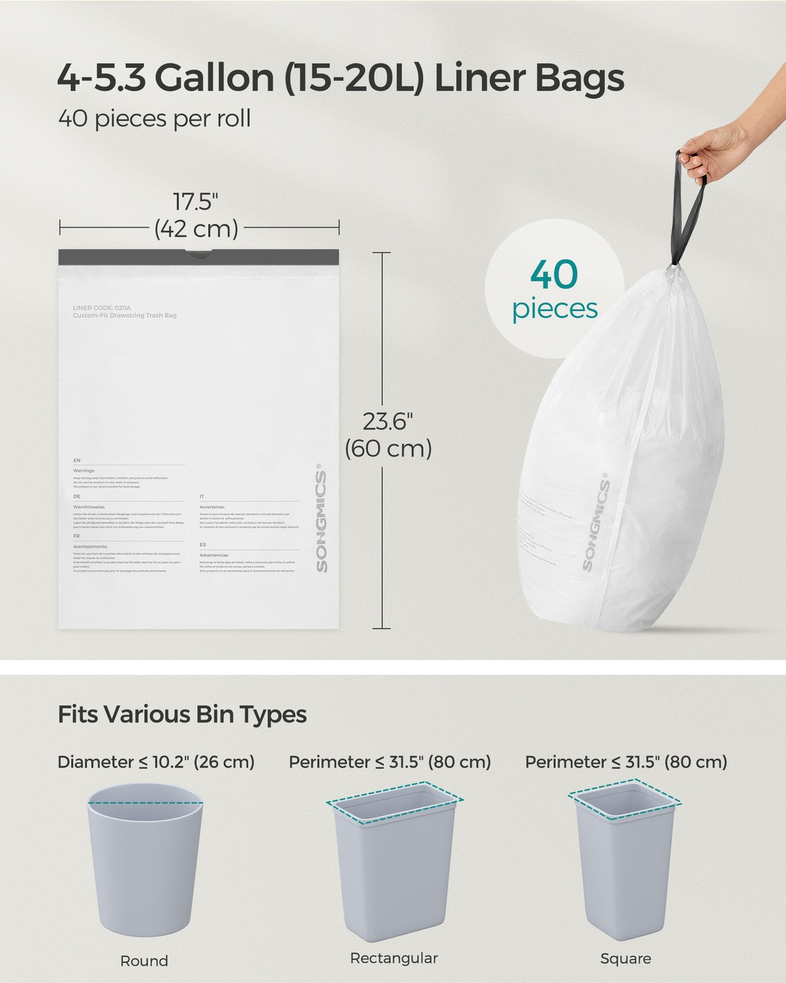 Drawstring Rubbish Bags - Plastic - White - Pre-Separated for 15-20L Kitchen Bins