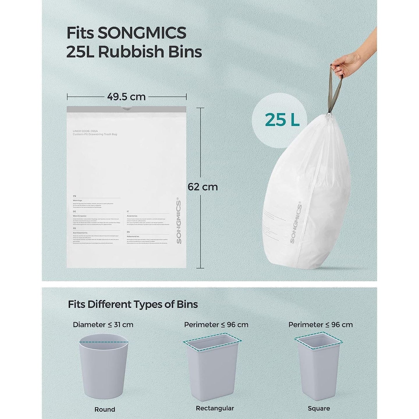 Bin Liners - Plastic - White - Drawstring for 25L Kitchen Bins