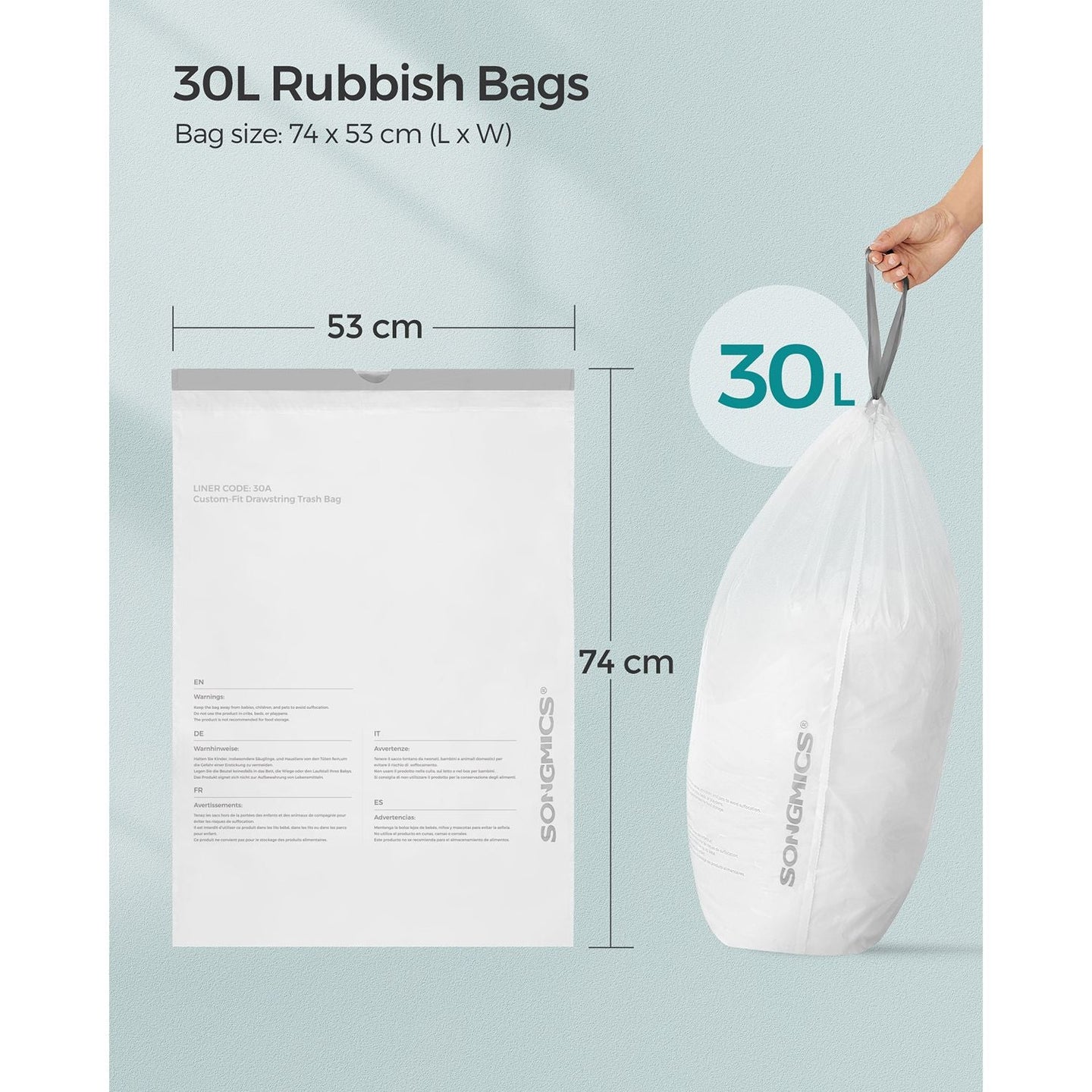 Heavy-Duty Drawstring Bin Bags - Plastic - White - Watertight