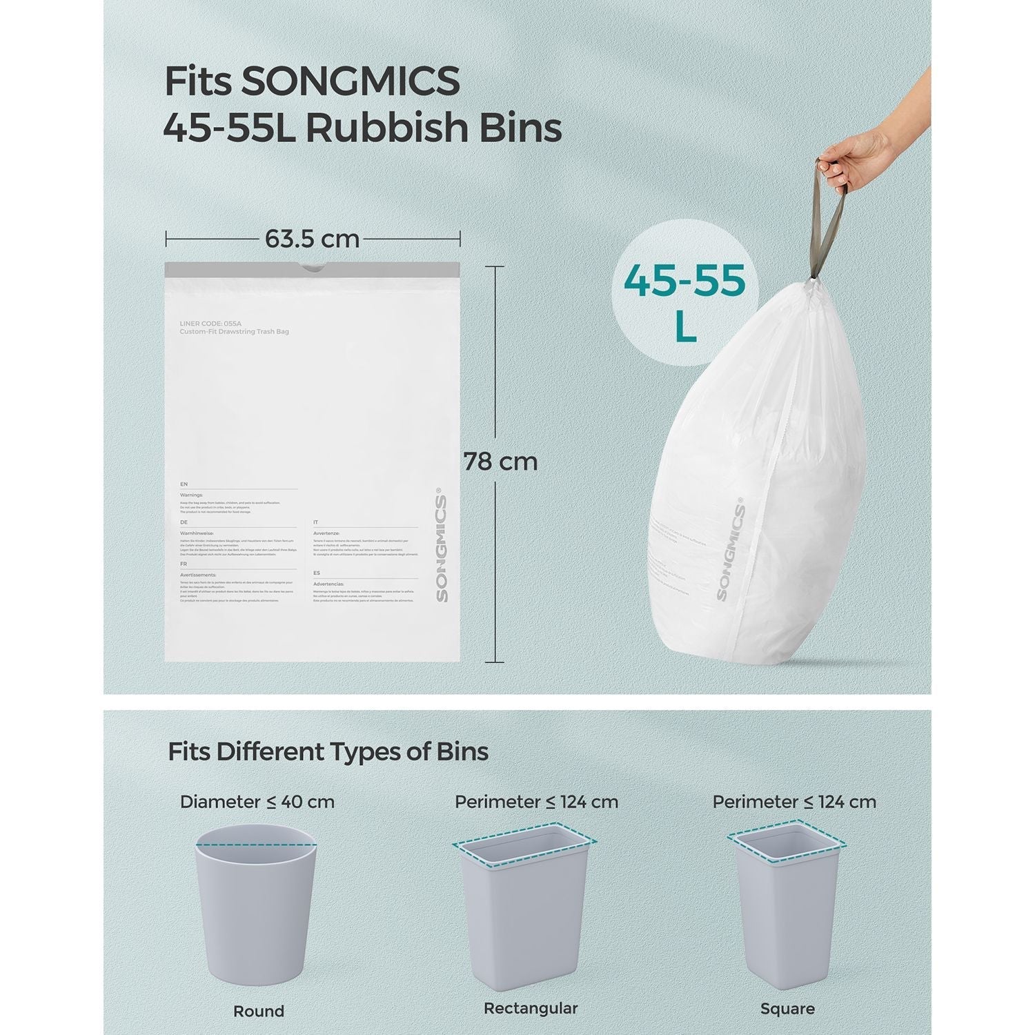 Kitchen Bin Liners - 45-55L, 40 Pieces - Plastic - White - Drawstring