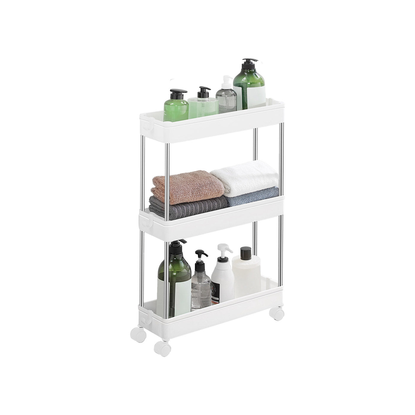 3-Tier Slide-Out Storage Trolley - Metal - White - Slim Rolling Cart with Hollow-Out Design