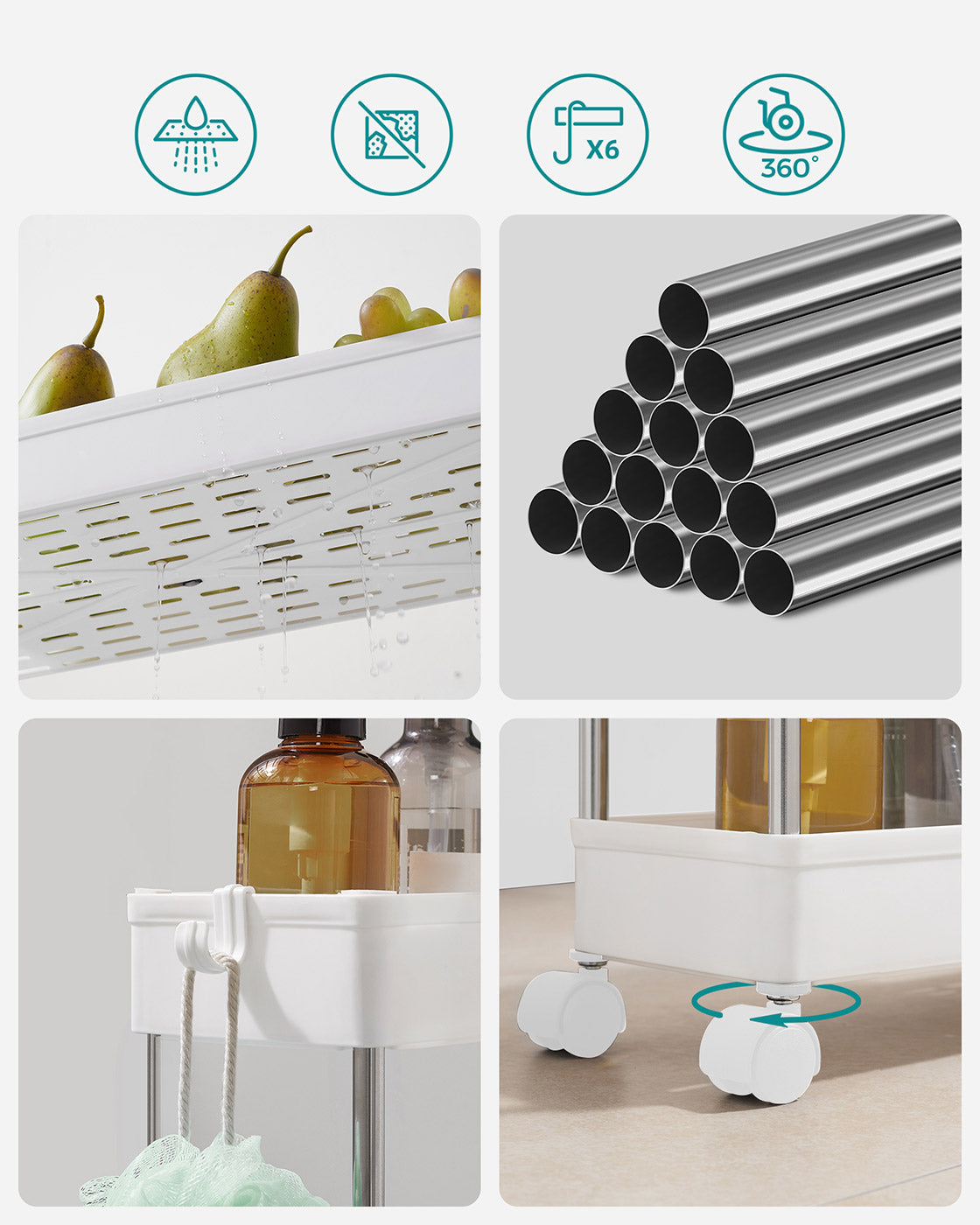3-Tier Slide-Out Storage Trolley - Metal - White - Slim Rolling Cart with Hollow-Out Design