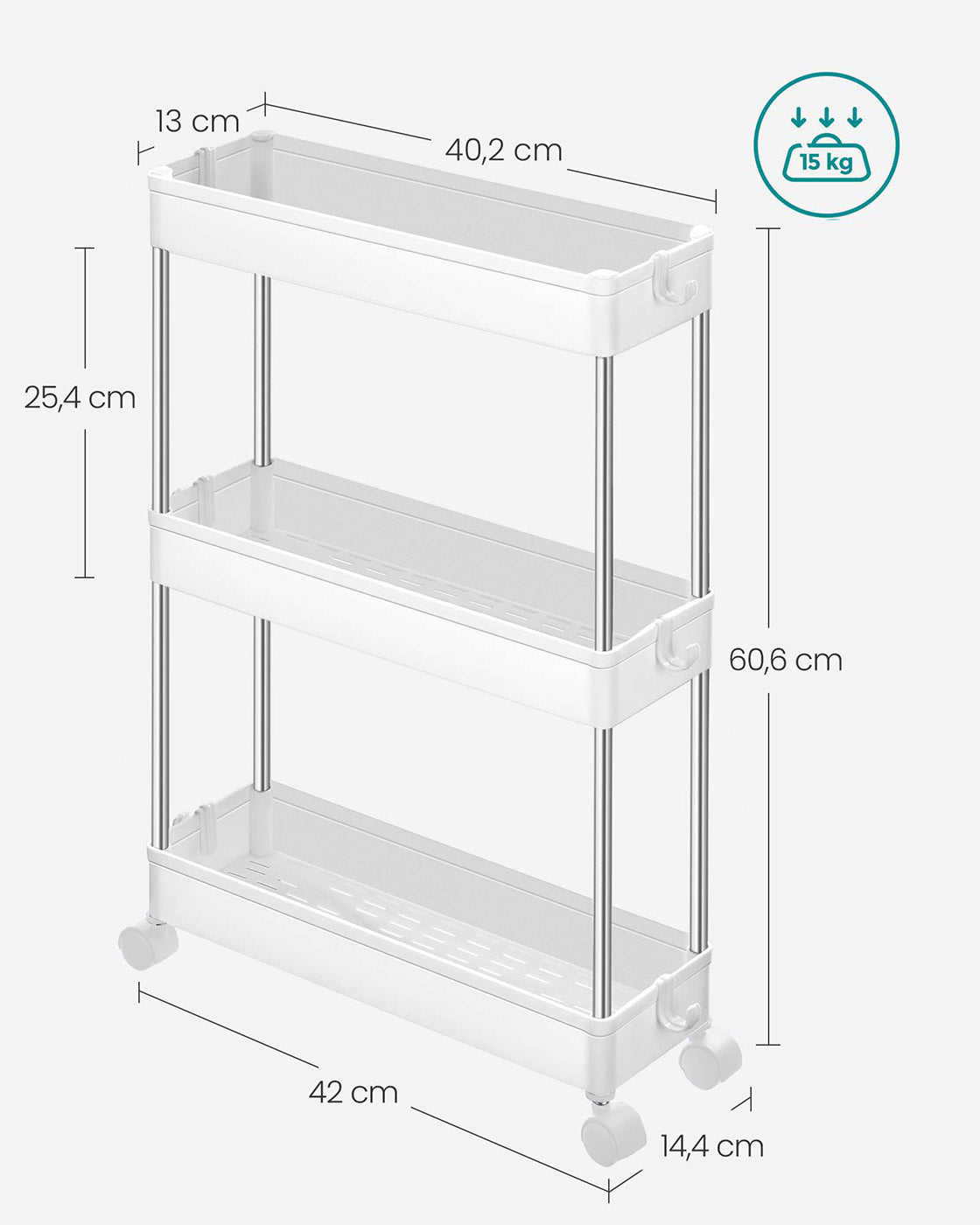 3-Tier Slide-Out Storage Trolley - Metal - White - Slim Rolling Cart with Hollow-Out Design