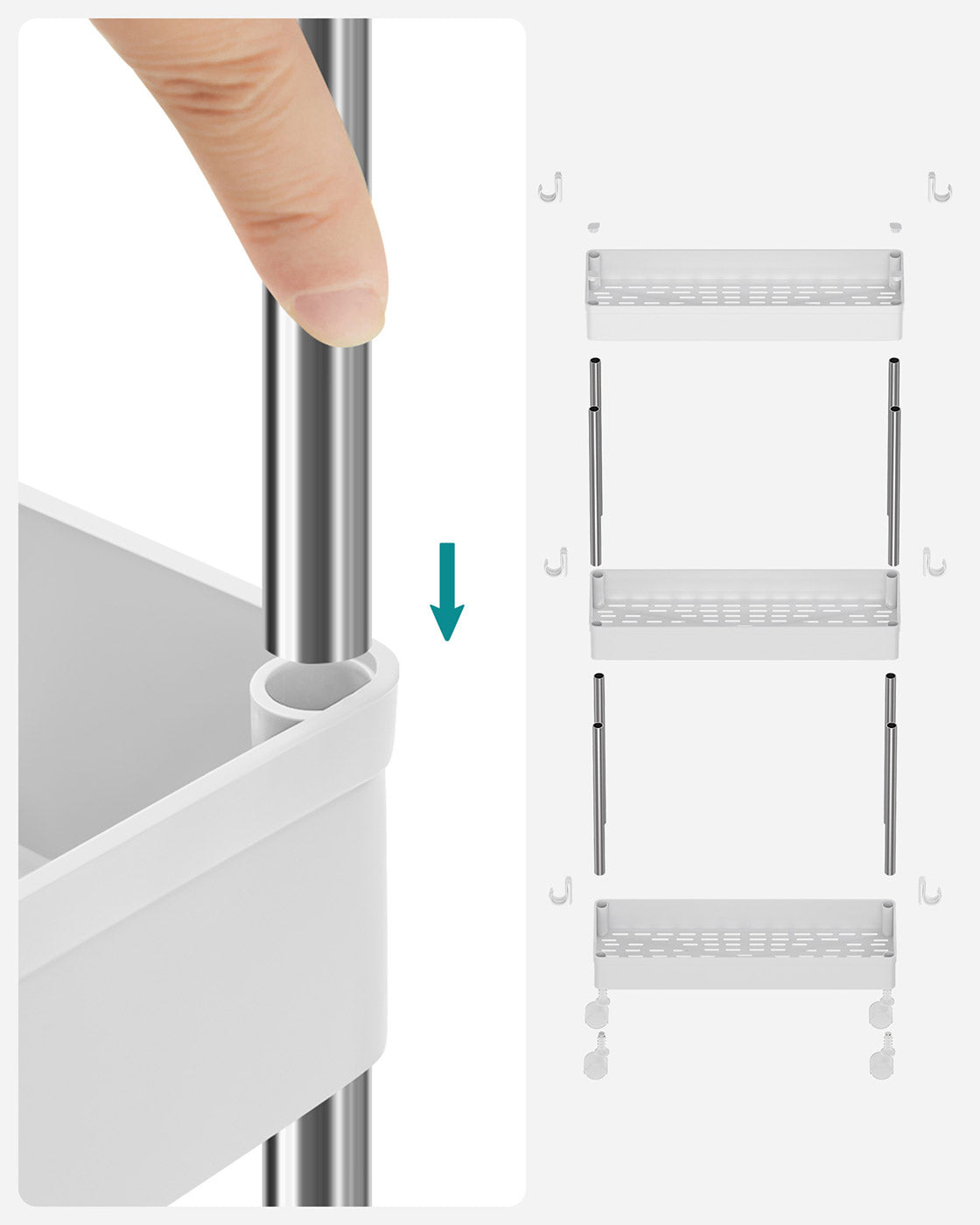3-Tier Slide-Out Storage Trolley - Metal - White - Slim Rolling Cart with Hollow-Out Design