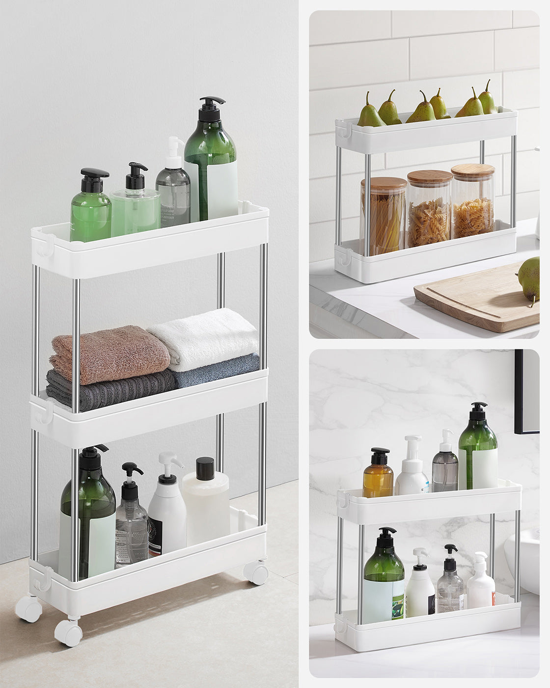 3-Tier Slide-Out Storage Trolley - Metal - White - Slim Rolling Cart with Hollow-Out Design