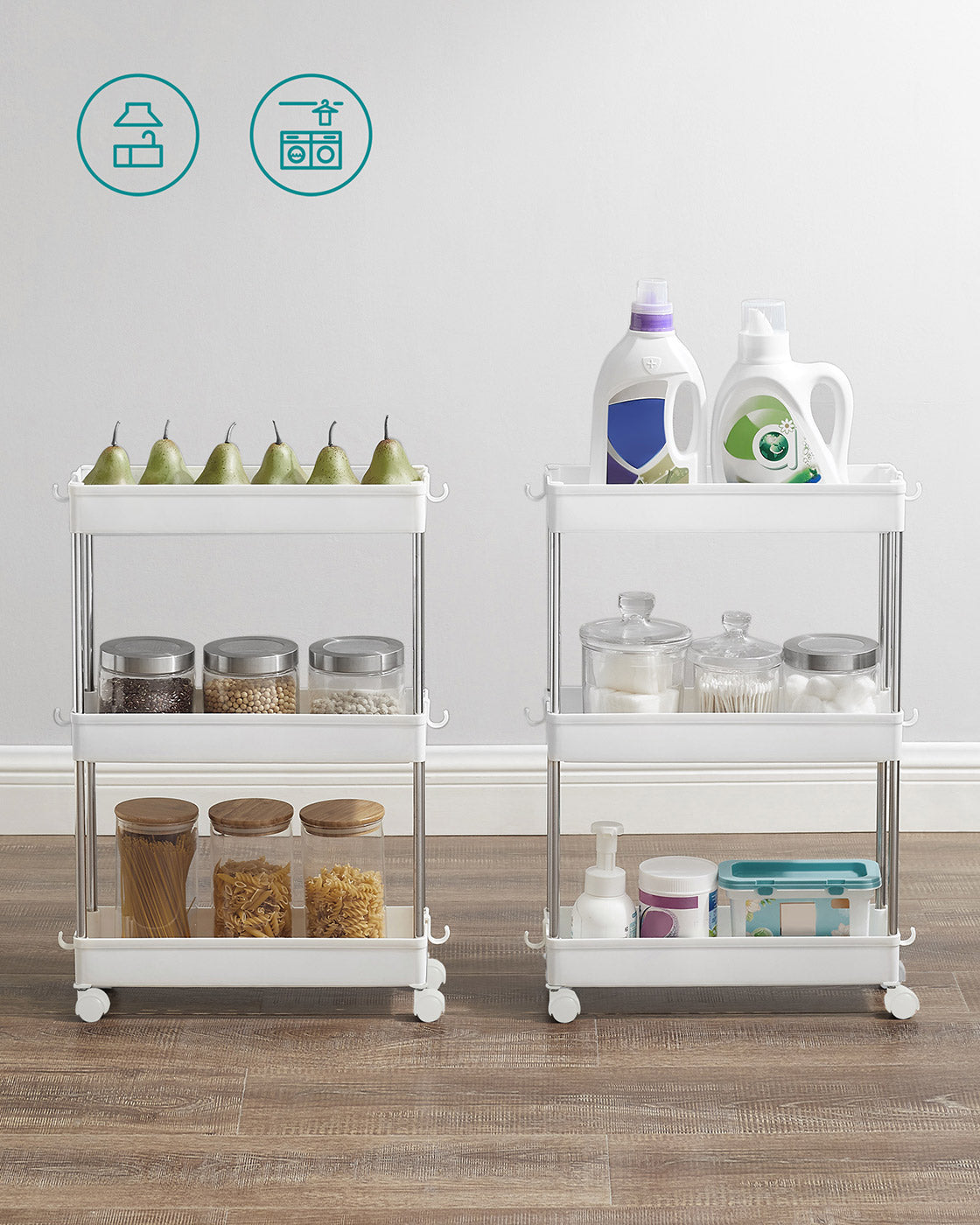 3-Tier Slide-Out Storage Trolley - Metal - White - Slim Rolling Cart with Hollow-Out Design