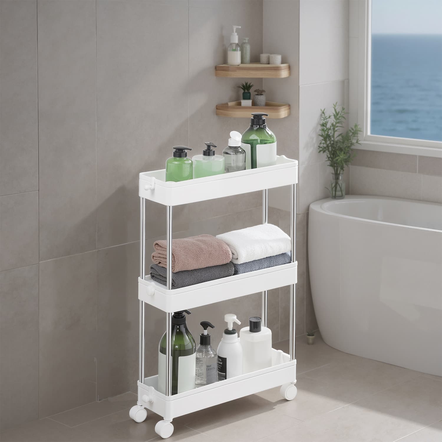 Extendable Kitchen Countertop Shelf - Metal - White - Slim Rolling Trolley with Wheels