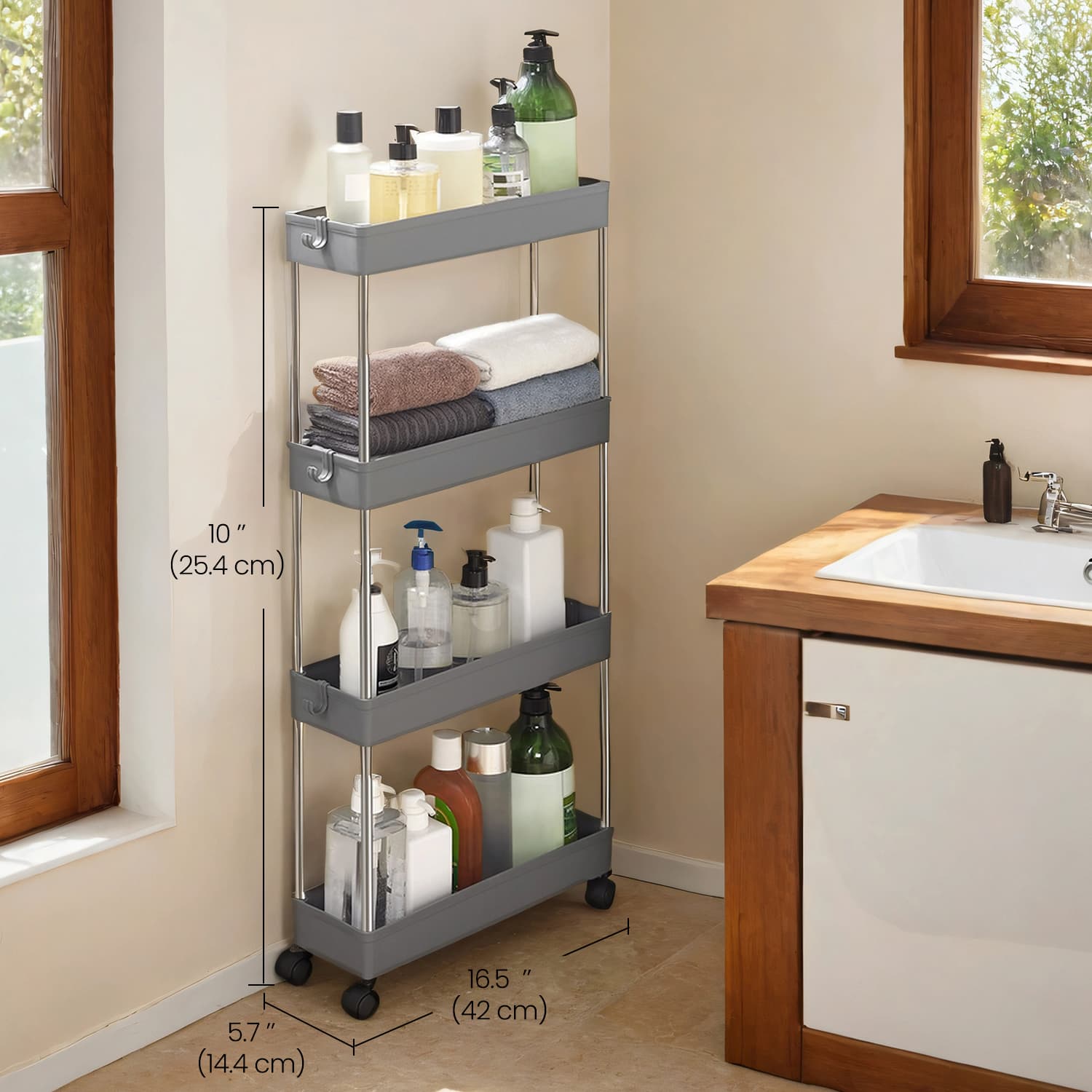 4-Tier Narrow Storage Trolley - Metal - Dove Grey