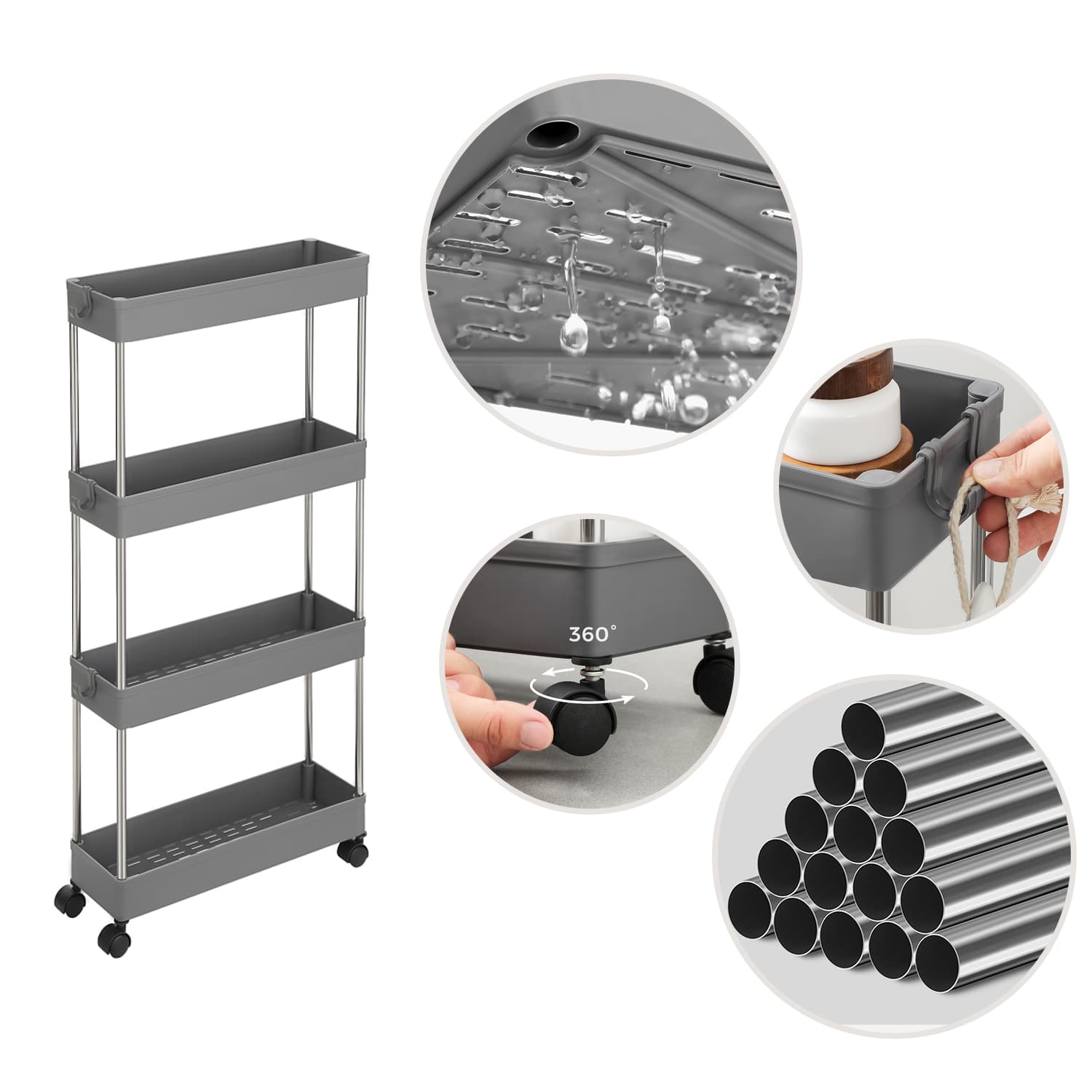 4-Tier Narrow Storage Trolley - Metal - Dove Grey