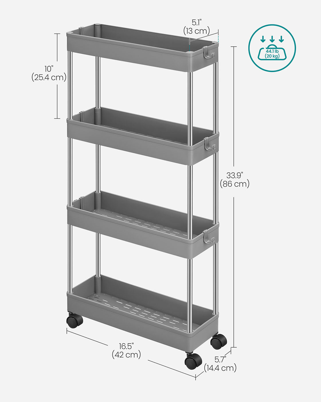 4-Tier Slim Rolling Cart - Plastic - Grey
