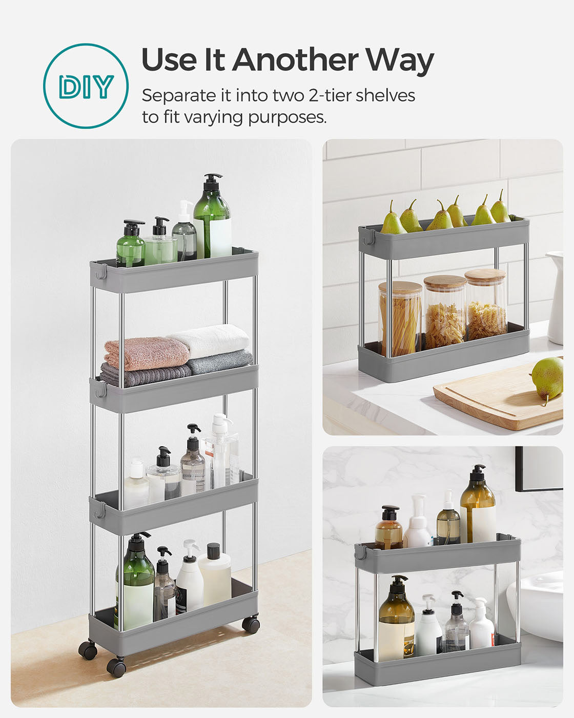 4-Tier Slim Rolling Cart - Plastic - Grey