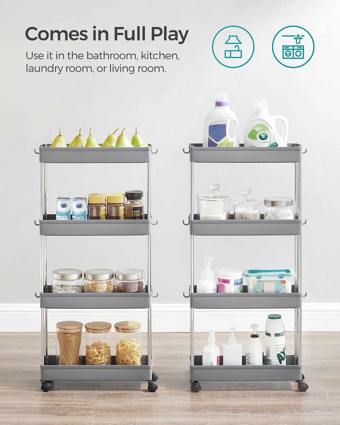4-Tier Slim Rolling Cart - Plastic - Grey