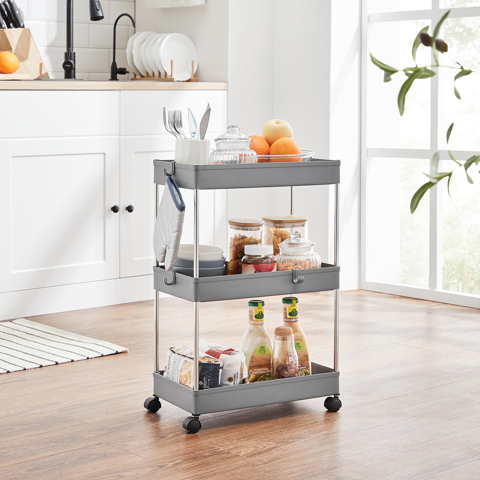 3-Tier Storage Trolley - Plastic - Grey - Rolling Wheels with Hooks