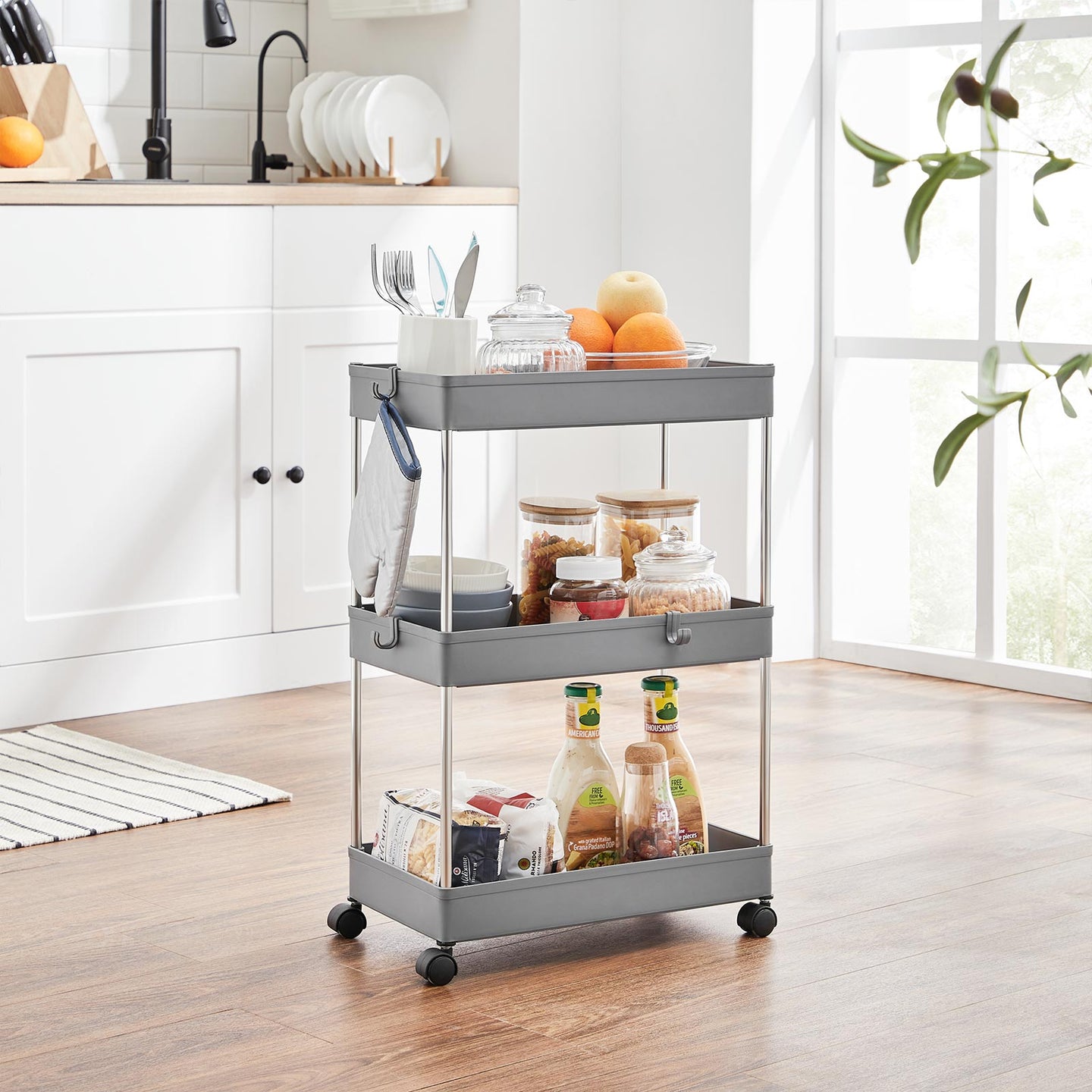 3-Tier Storage Trolley - Plastic - Grey - Rolling Wheels with Hooks