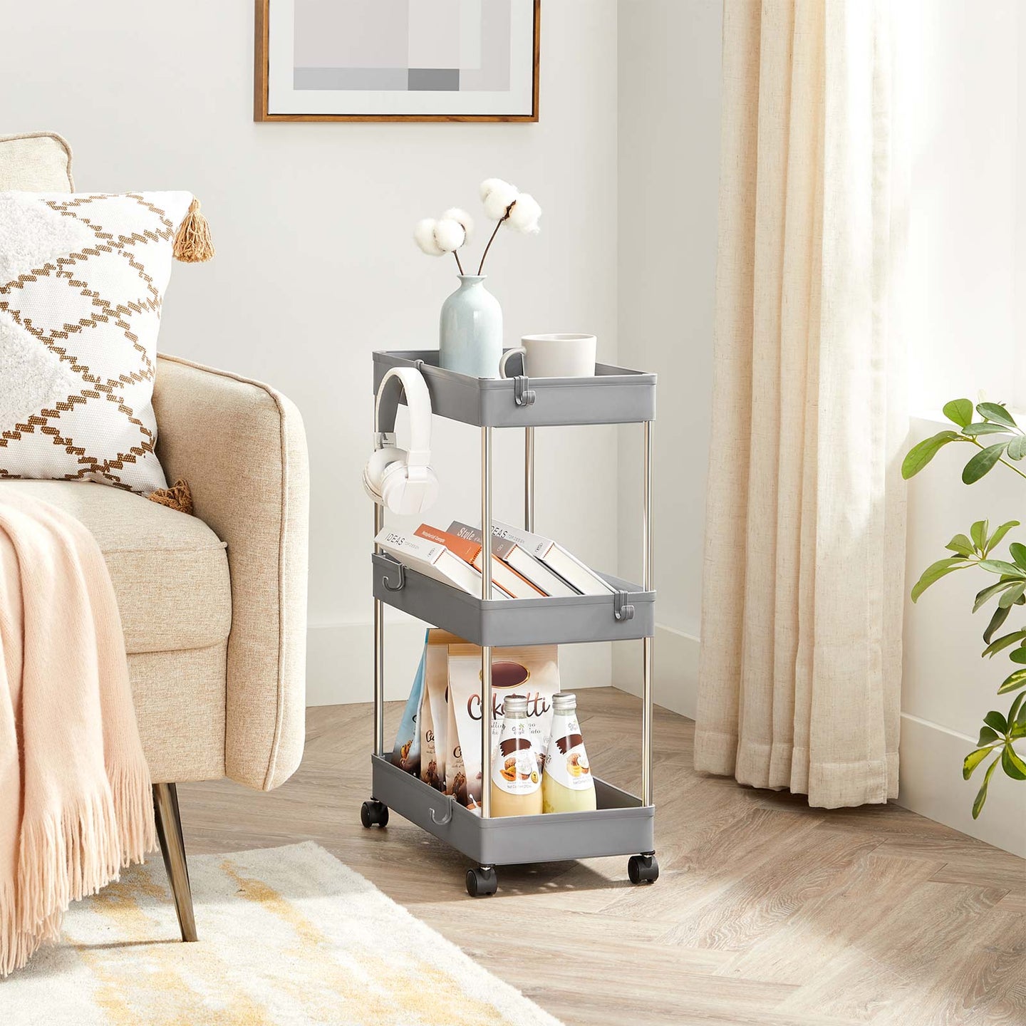 3-Tier Storage Trolley - Plastic - Grey - Rolling Wheels with Hooks